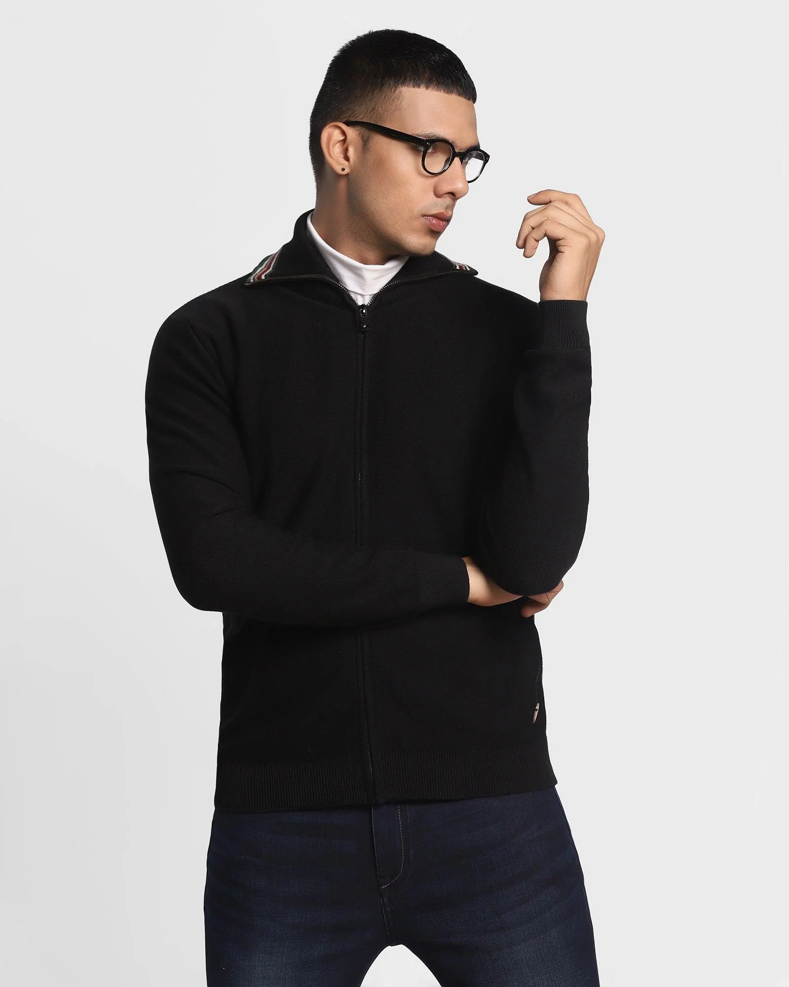 Stylized Collar Jet Black Solid Sweater - Christopher - Image 6