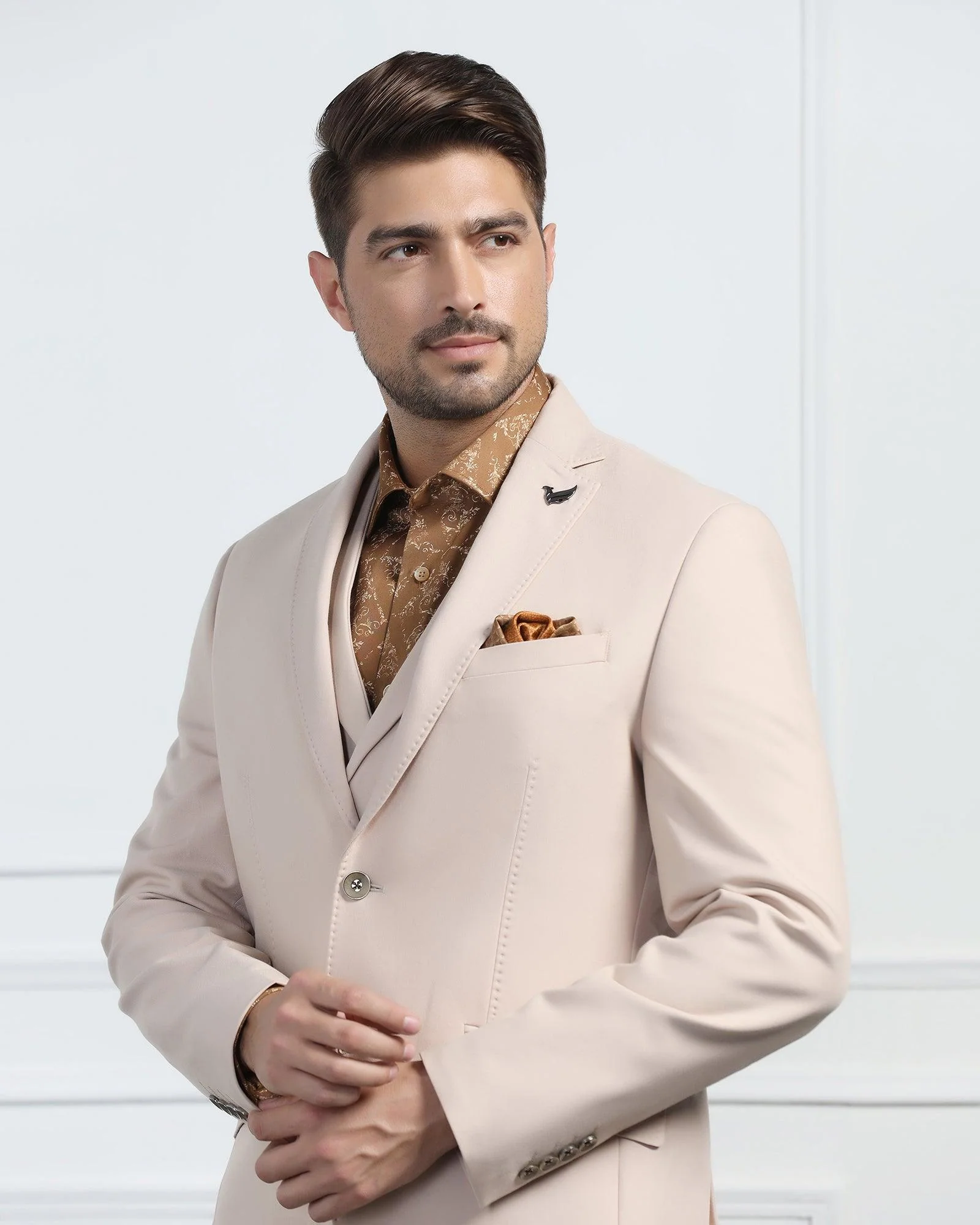 Three Piece Beige Solid Formal Suit - Randle - Image 4