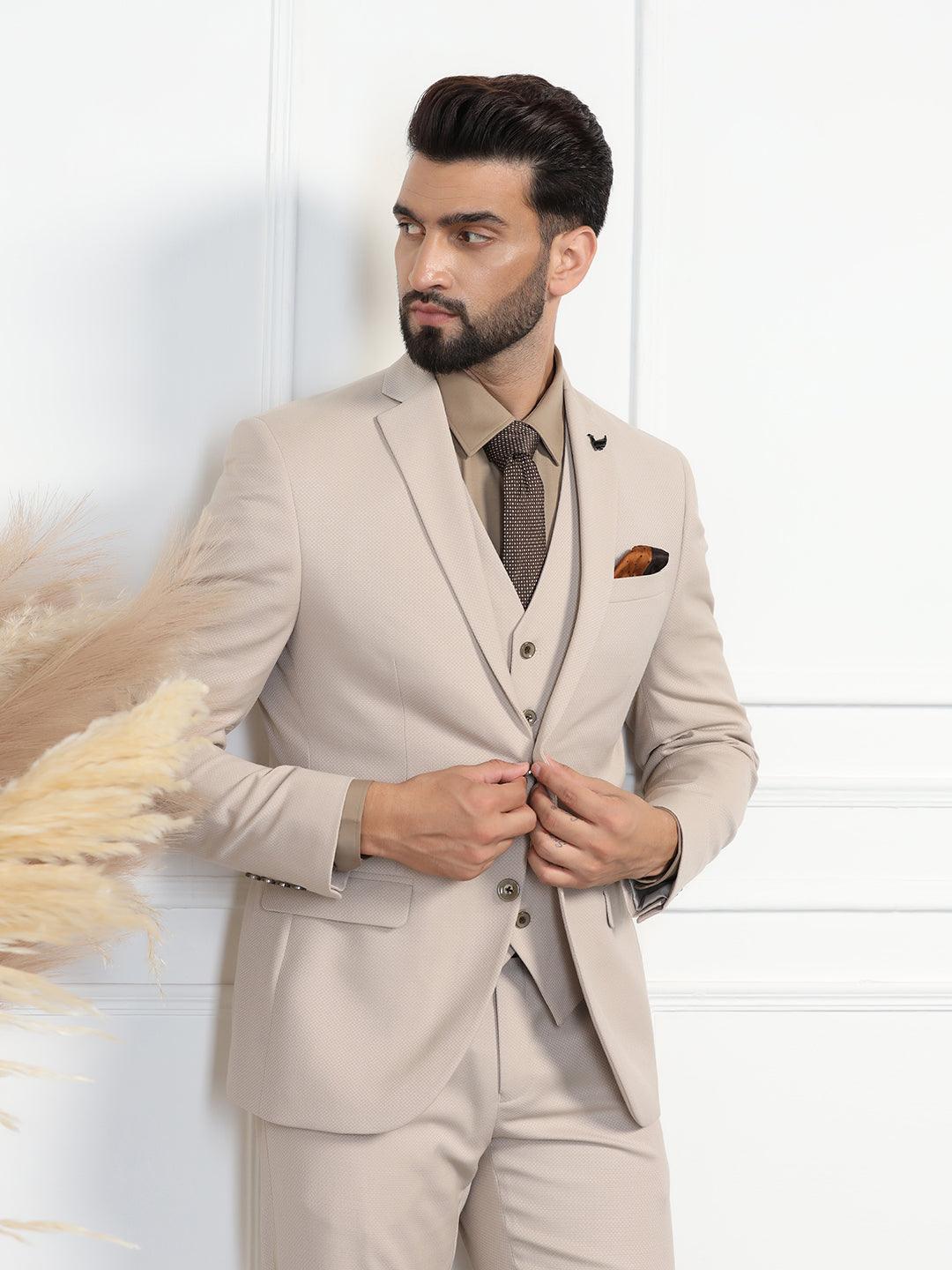 Three Piece Beige Textured Formal Suit - Zanite - Image 6