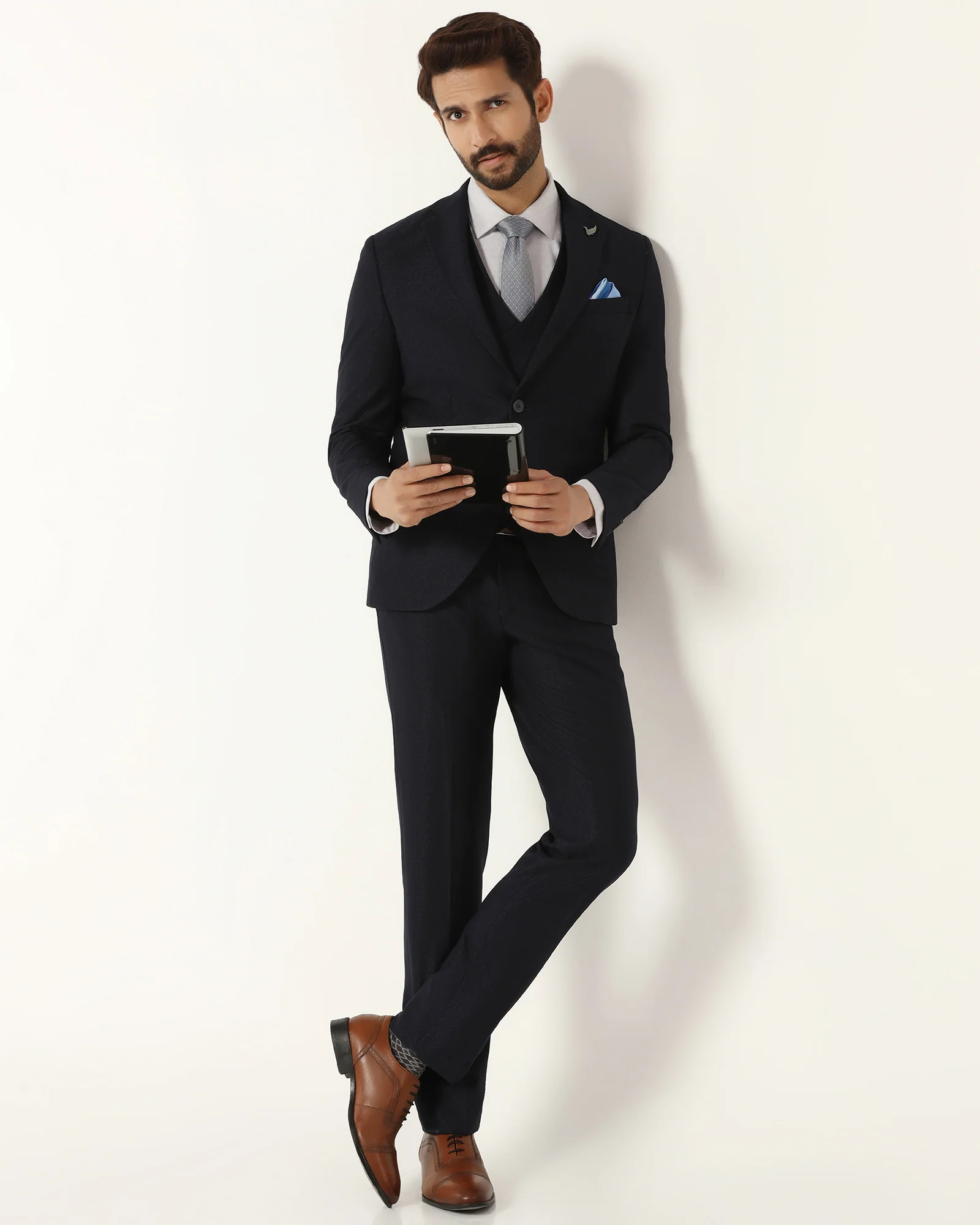 Three Piece Navy Textured Formal Suit - Kennie - Image 9