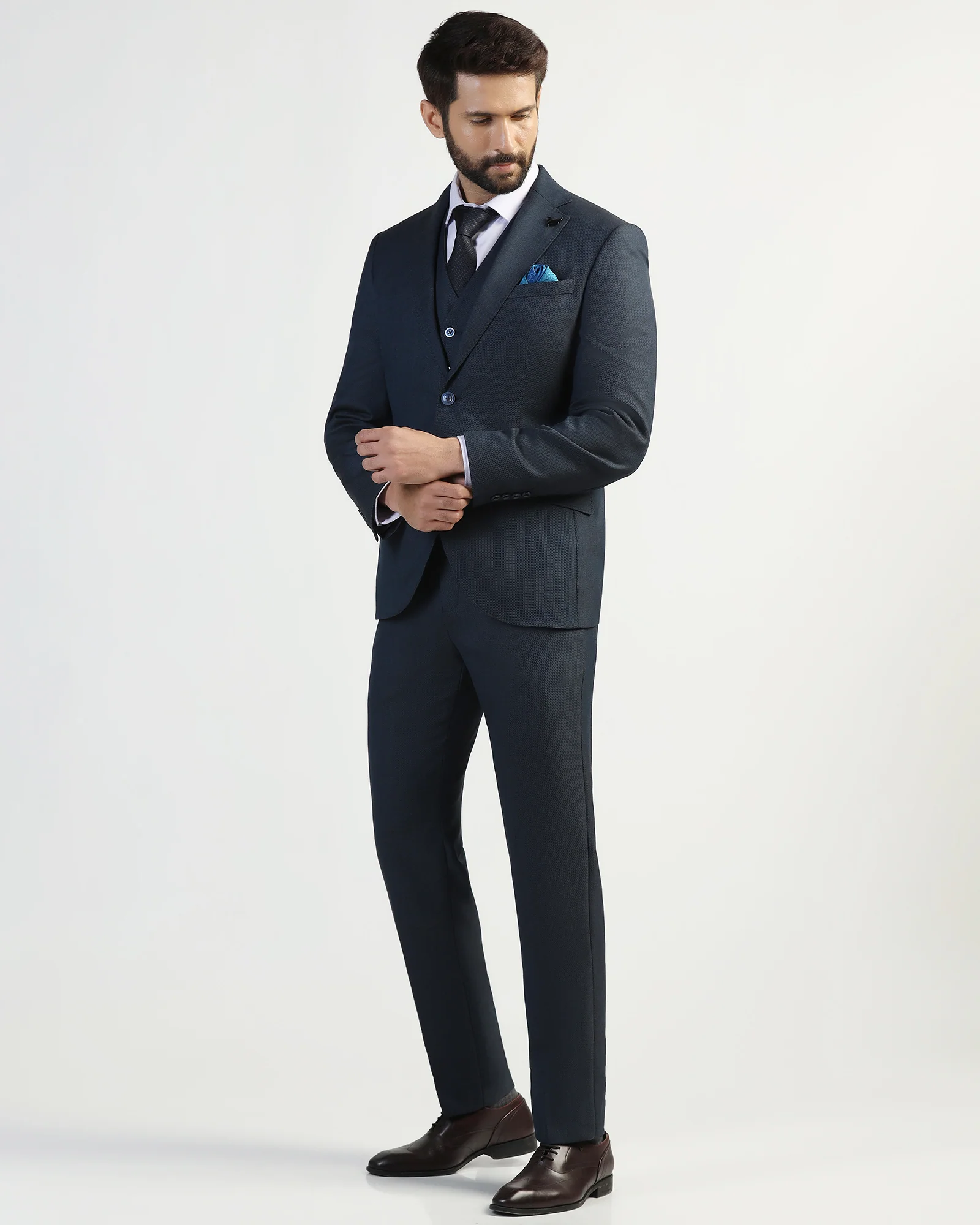 Three Piece Navy Textured Formal Suit - Kepner - Image 3