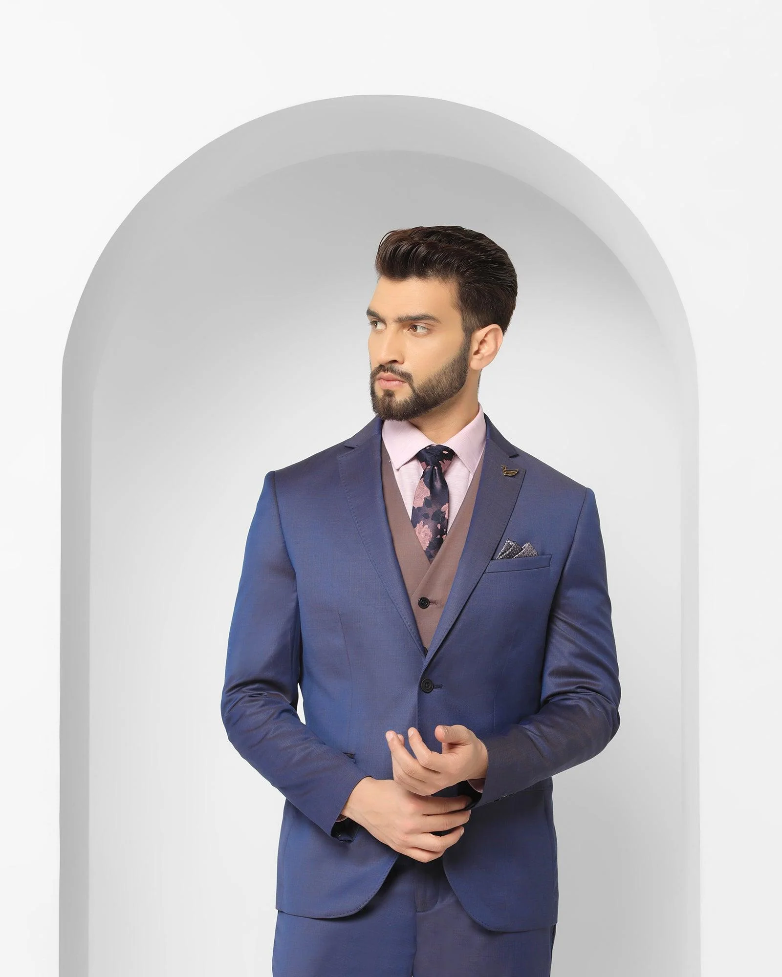 Luxe Three Piece Navy Textured Formal Suit - Jade - Image 9