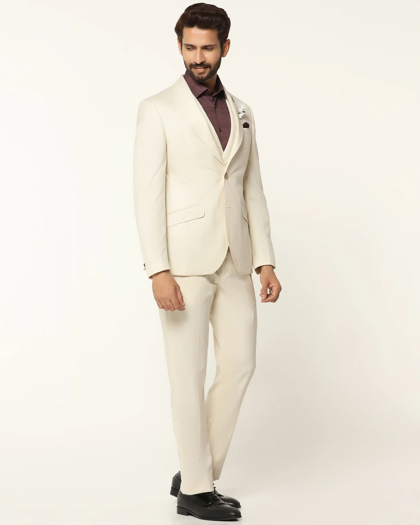 Three Piece Off White Textured Formal Suit - Steddle - Image 3