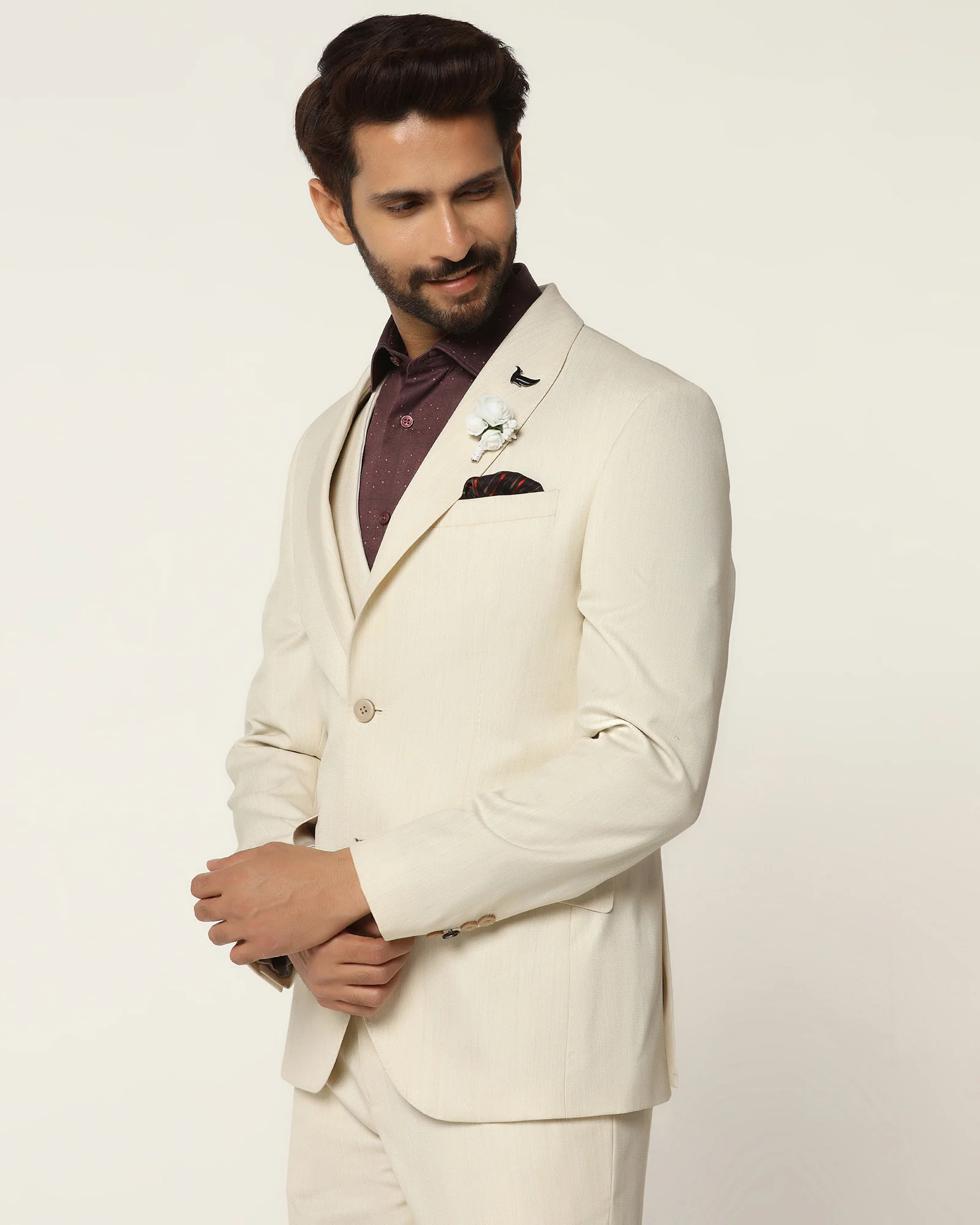 Three Piece Off White Textured Formal Suit - Steddle - Image 4