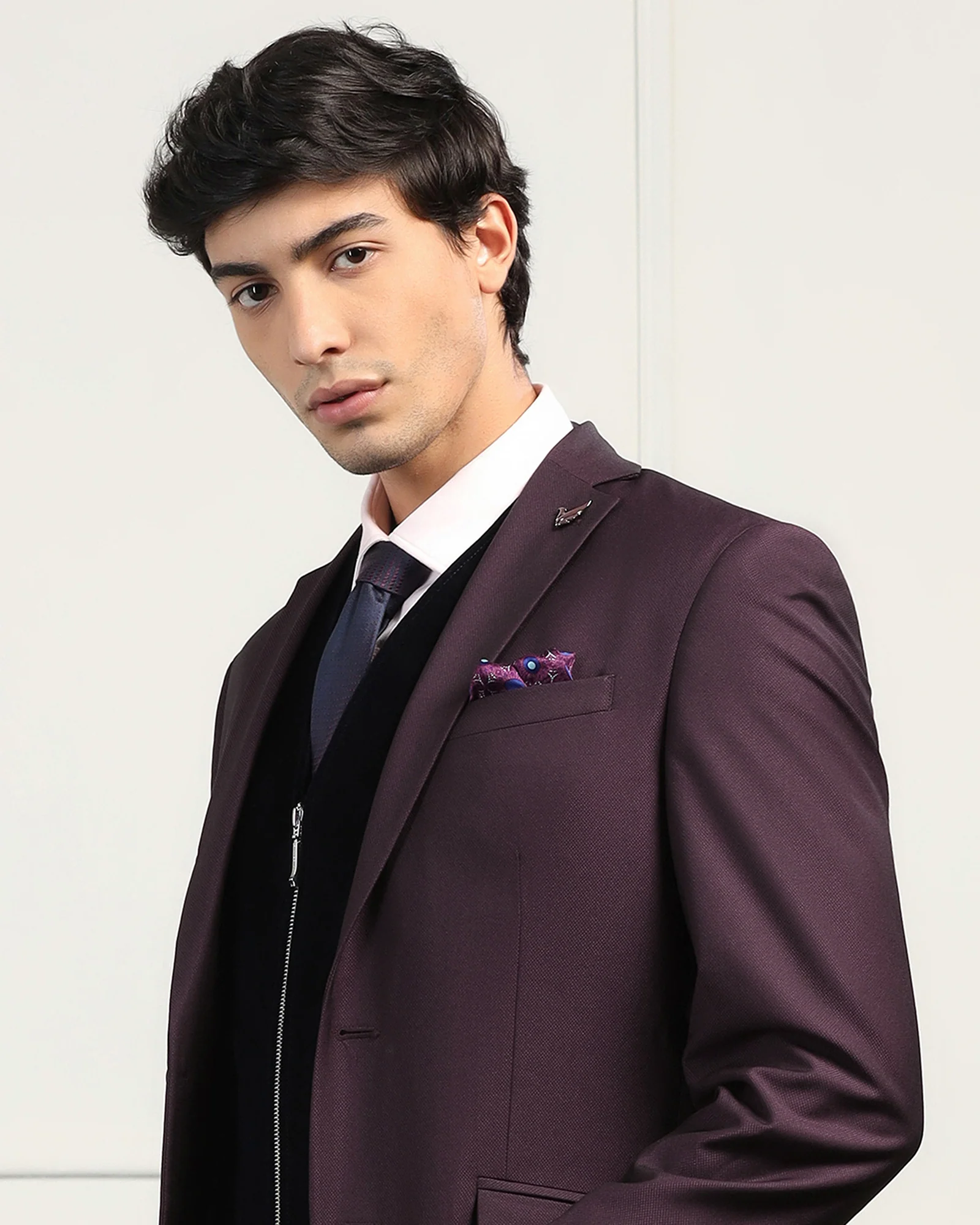 Three Piece Wine Textured Formal Suit - Inigo - Image 4