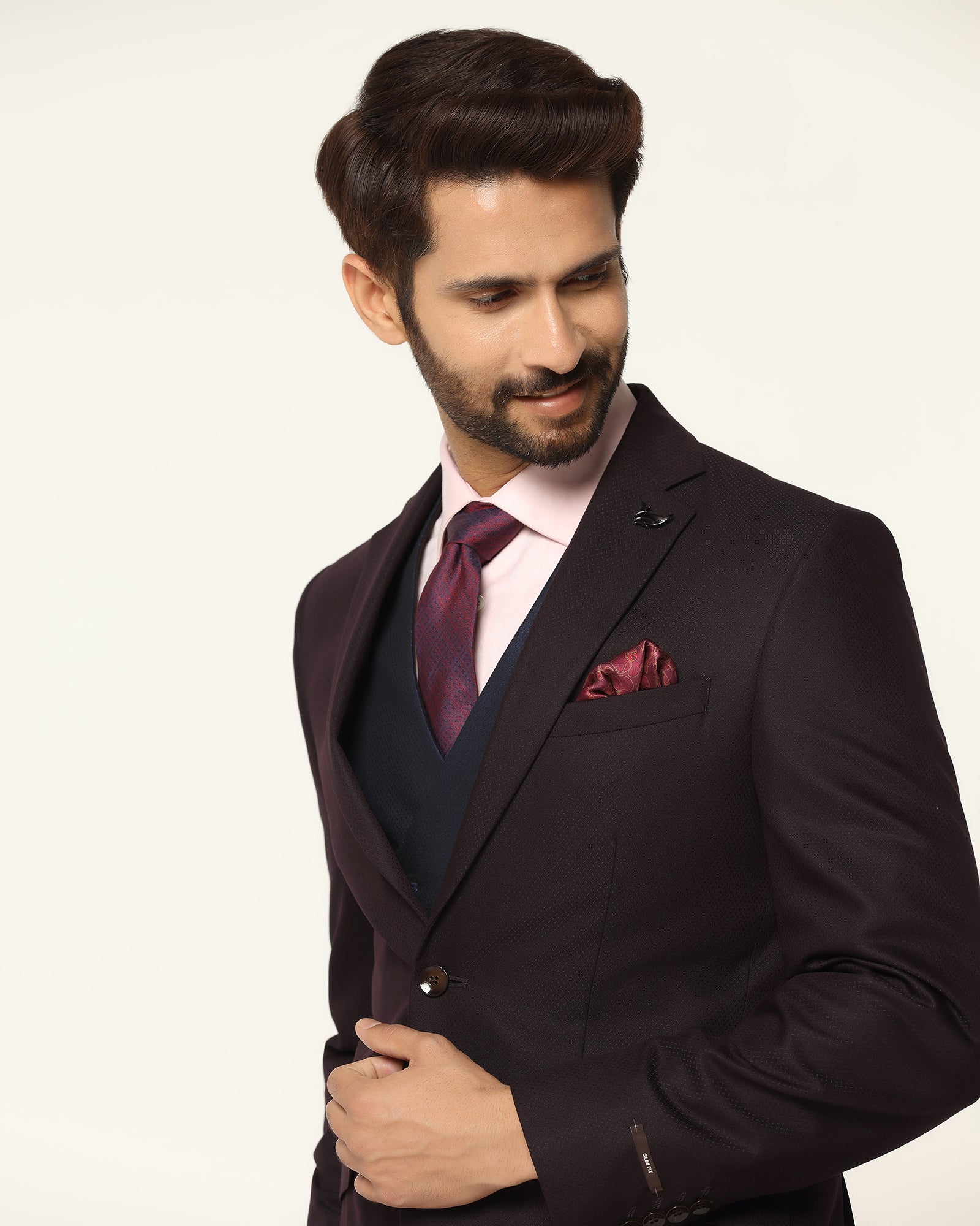 Three Piece Wine Textured Formal Suit - Rayner - Image 4