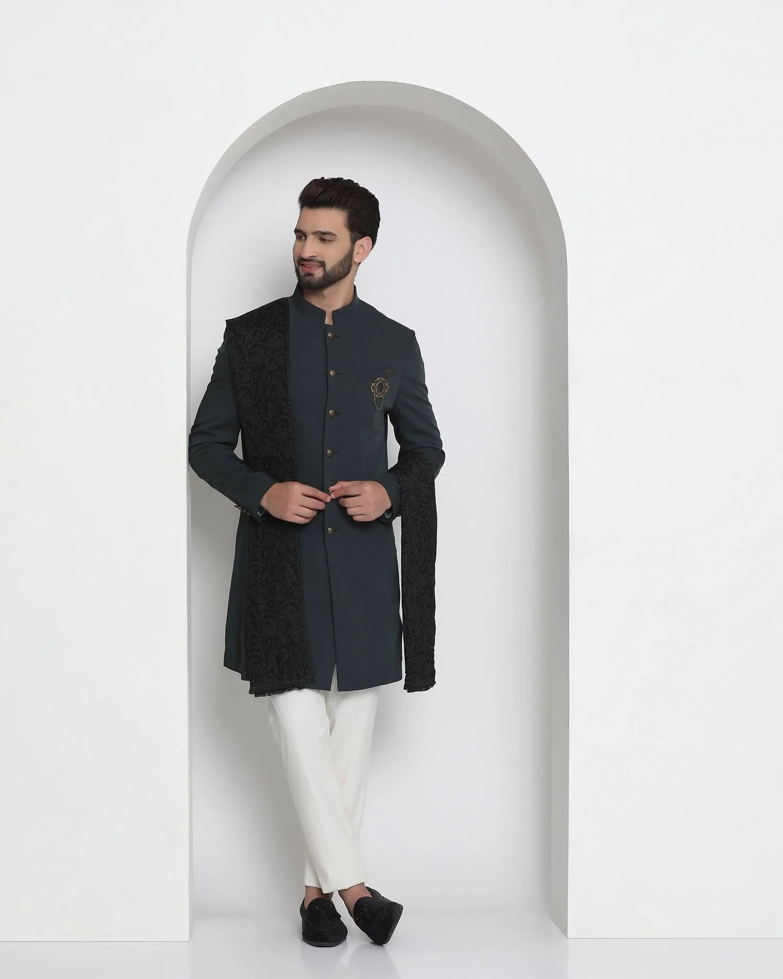 Green Swarn Solid Achkan Set - Tren