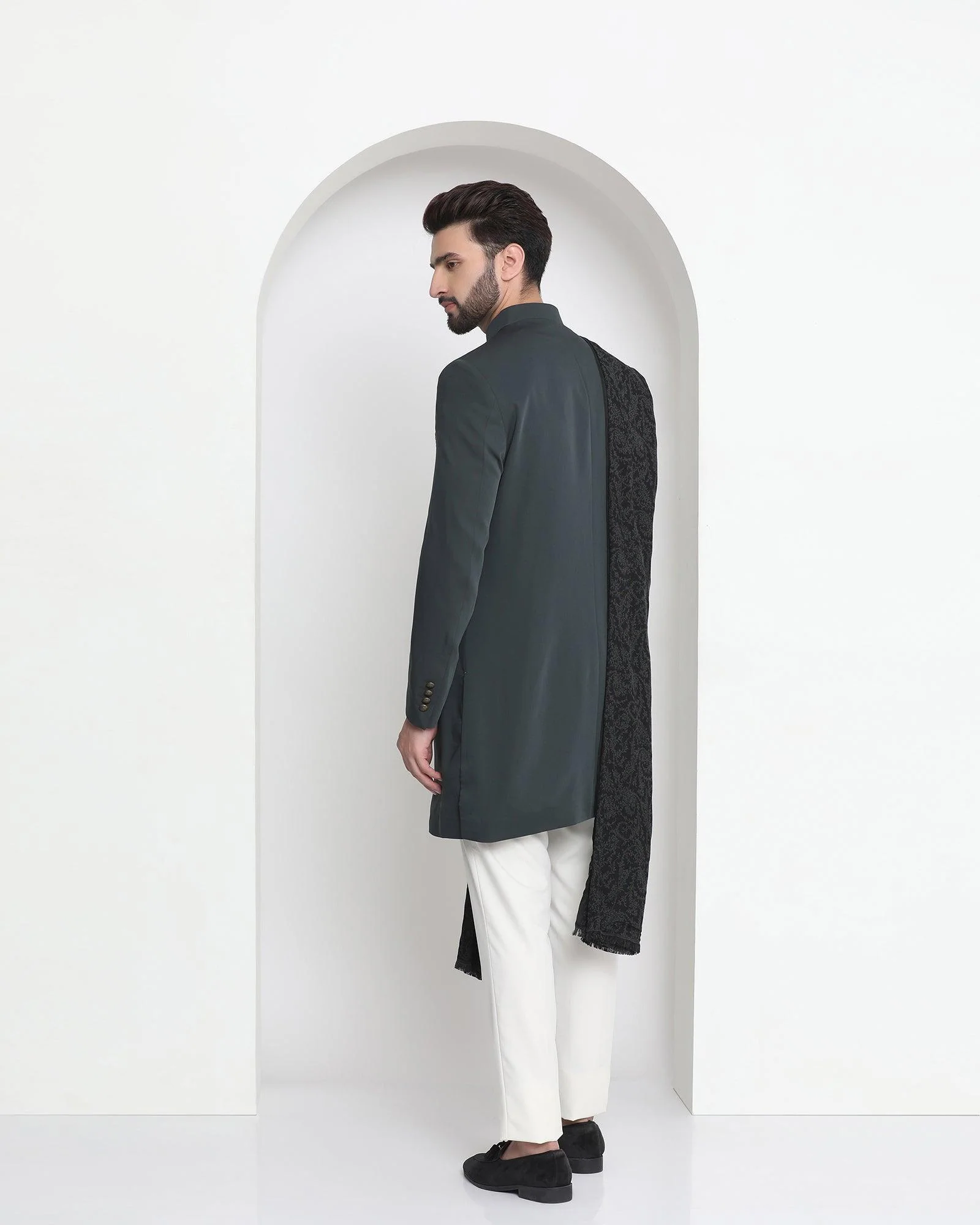 Green Swarn Solid Achkan Set - Tren - Image 2