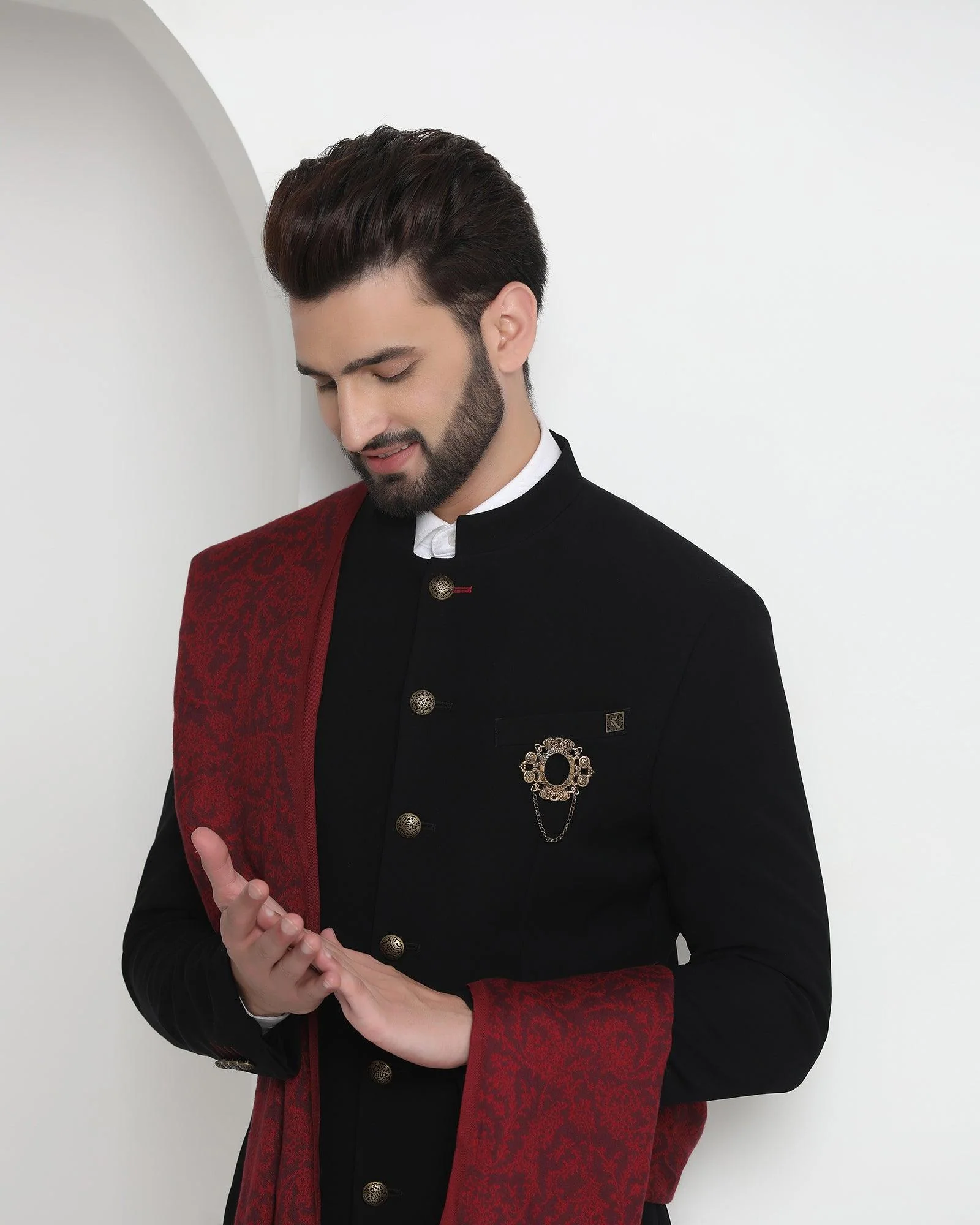 Black Swarn Solid Achkan Set - Tren - Image 4
