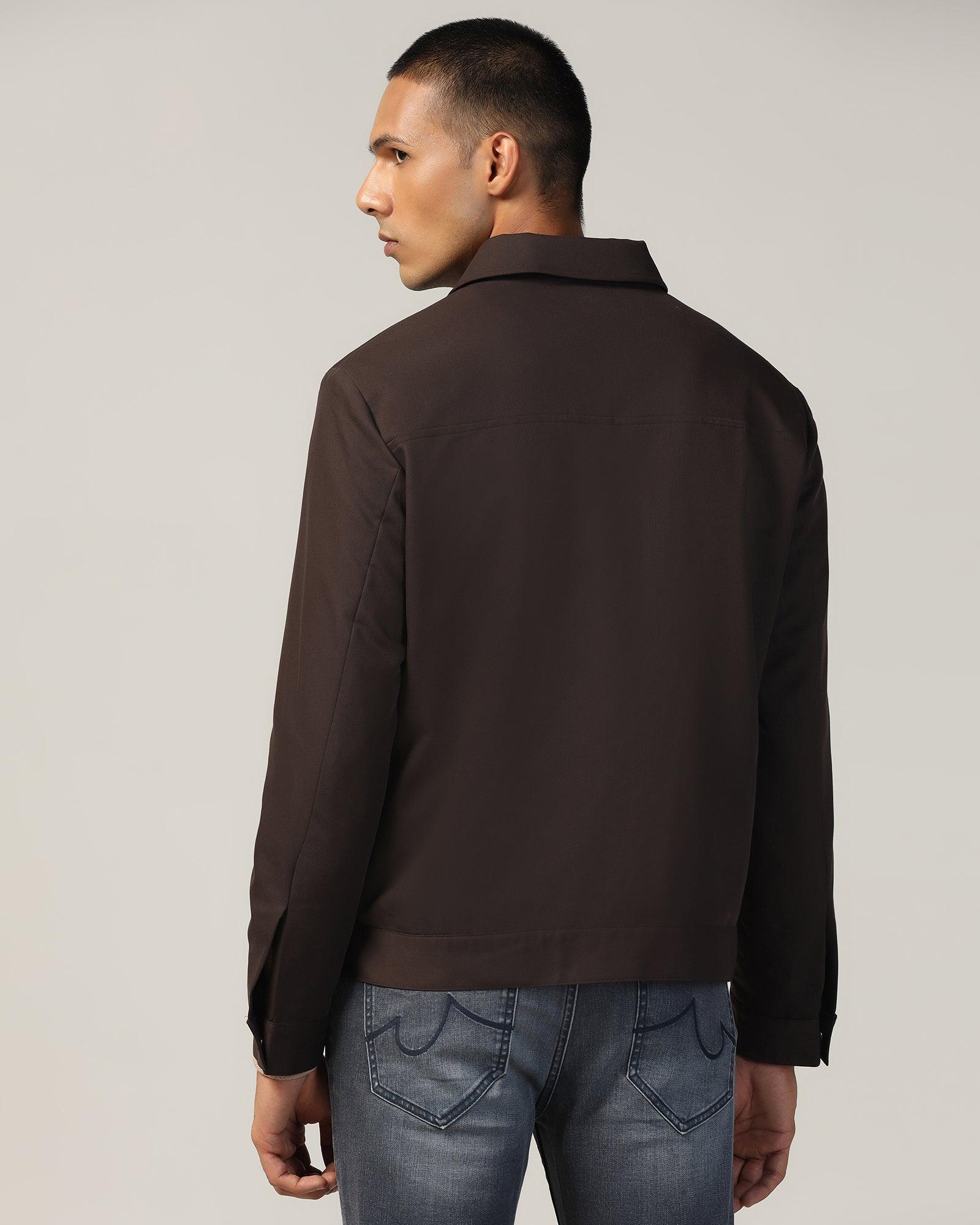 Dark Brown Solid Trucker Jacket - Kushaq - Image 2