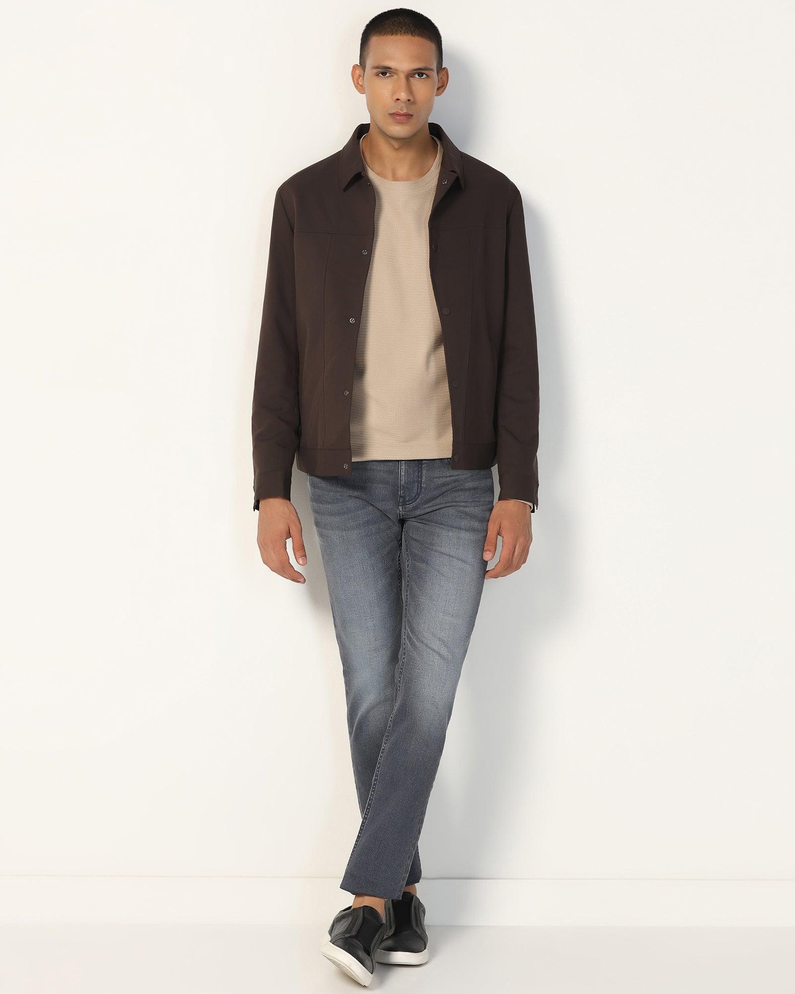 Dark Brown Solid Trucker Jacket - Kushaq - Image 3