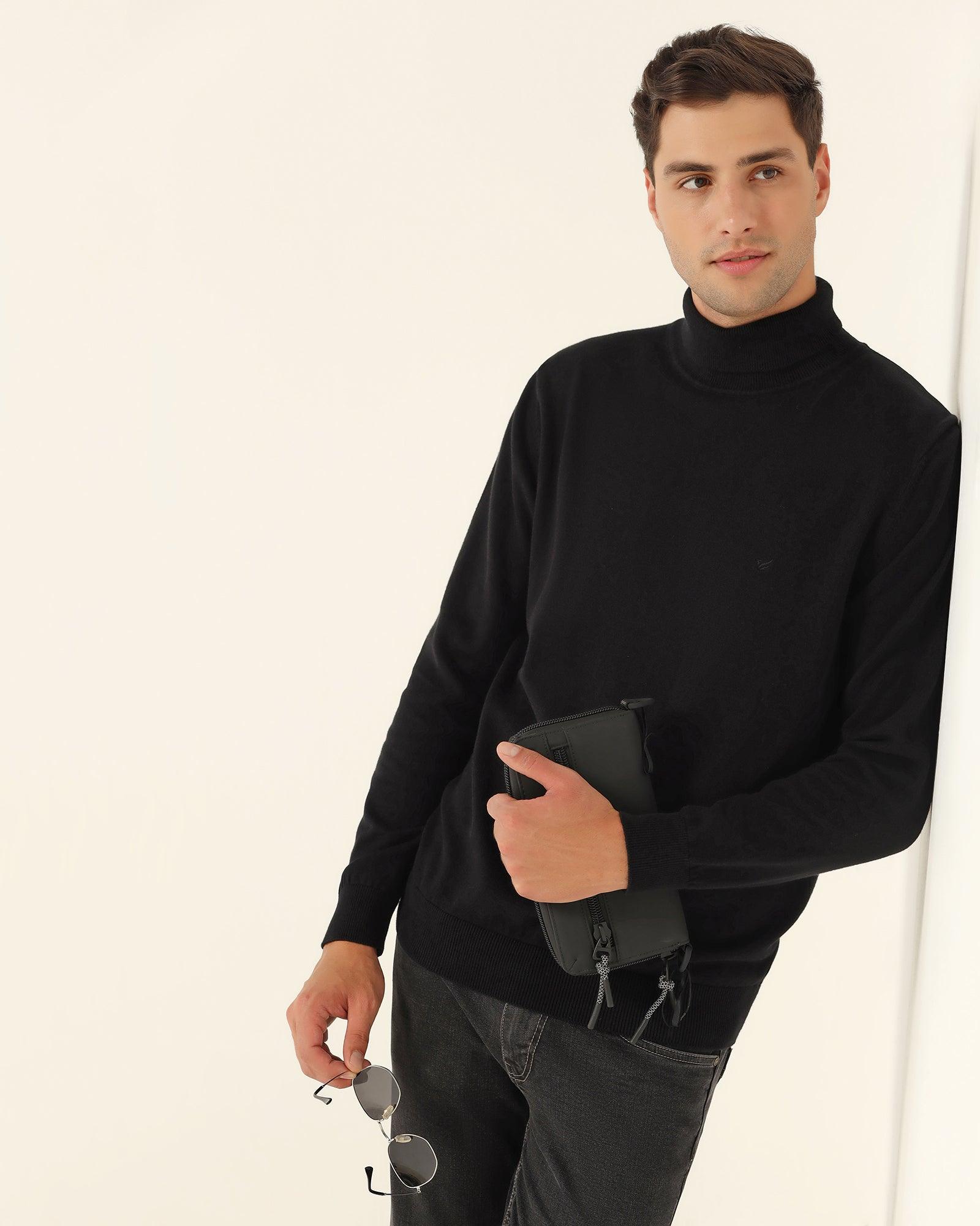 Turtle Neck Black Solid Sweater - Lake - Image 6