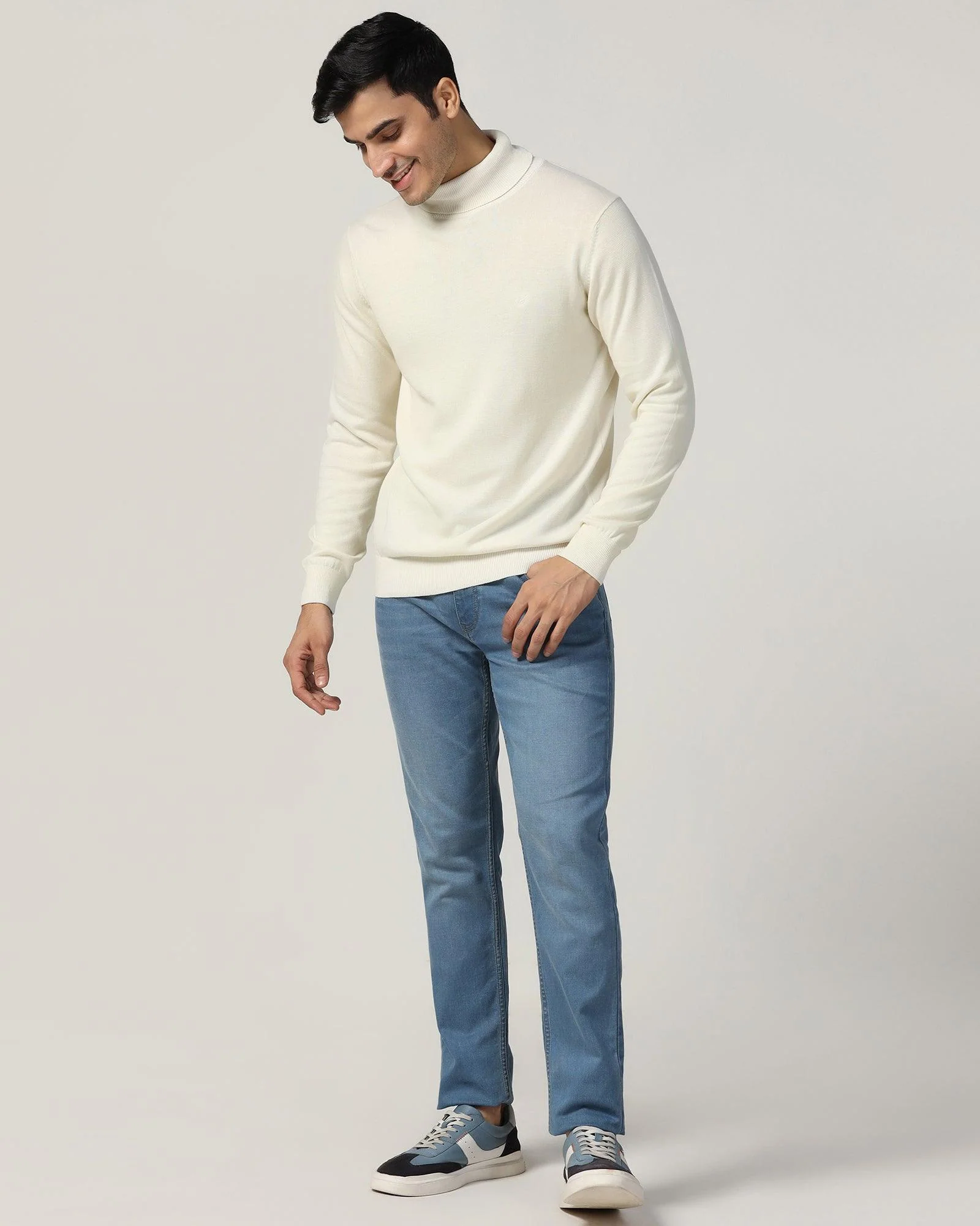 Turtle Neck Off White Solid Sweater - Lake - Image 3