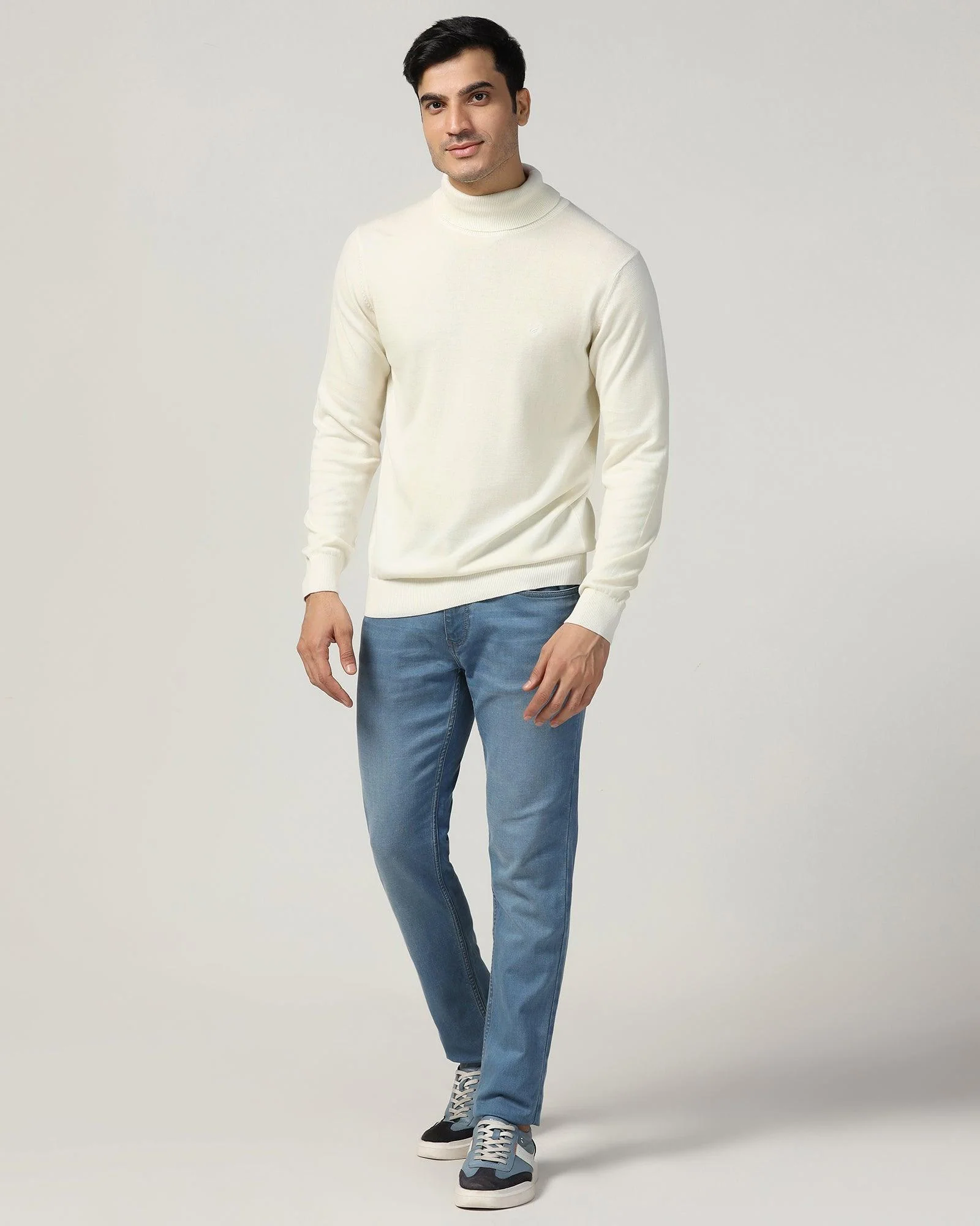 Turtle Neck Off White Solid Sweater - Lake - Image 5