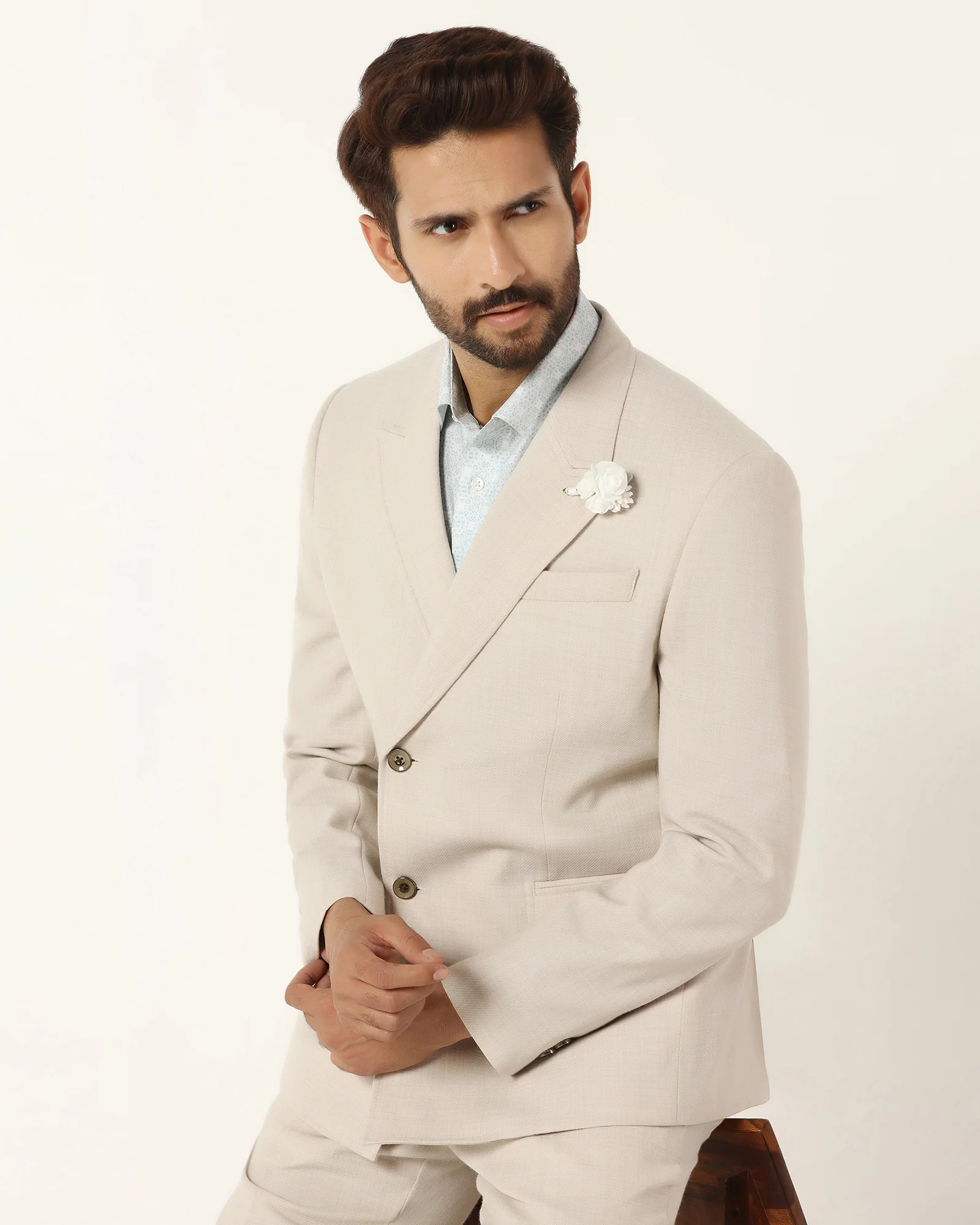 Two Piece Beige Textured Formal Suit - Kelvin - Image 9