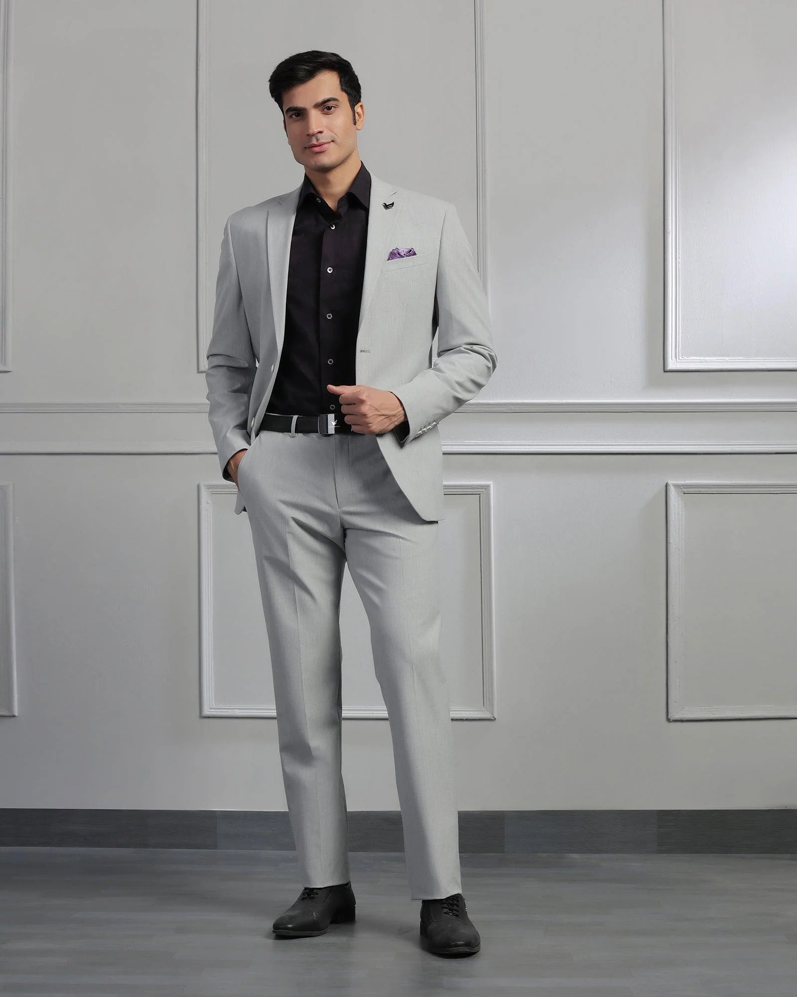 Two Piece Light Grey Solid Formal Suit - Cadera - Image 3