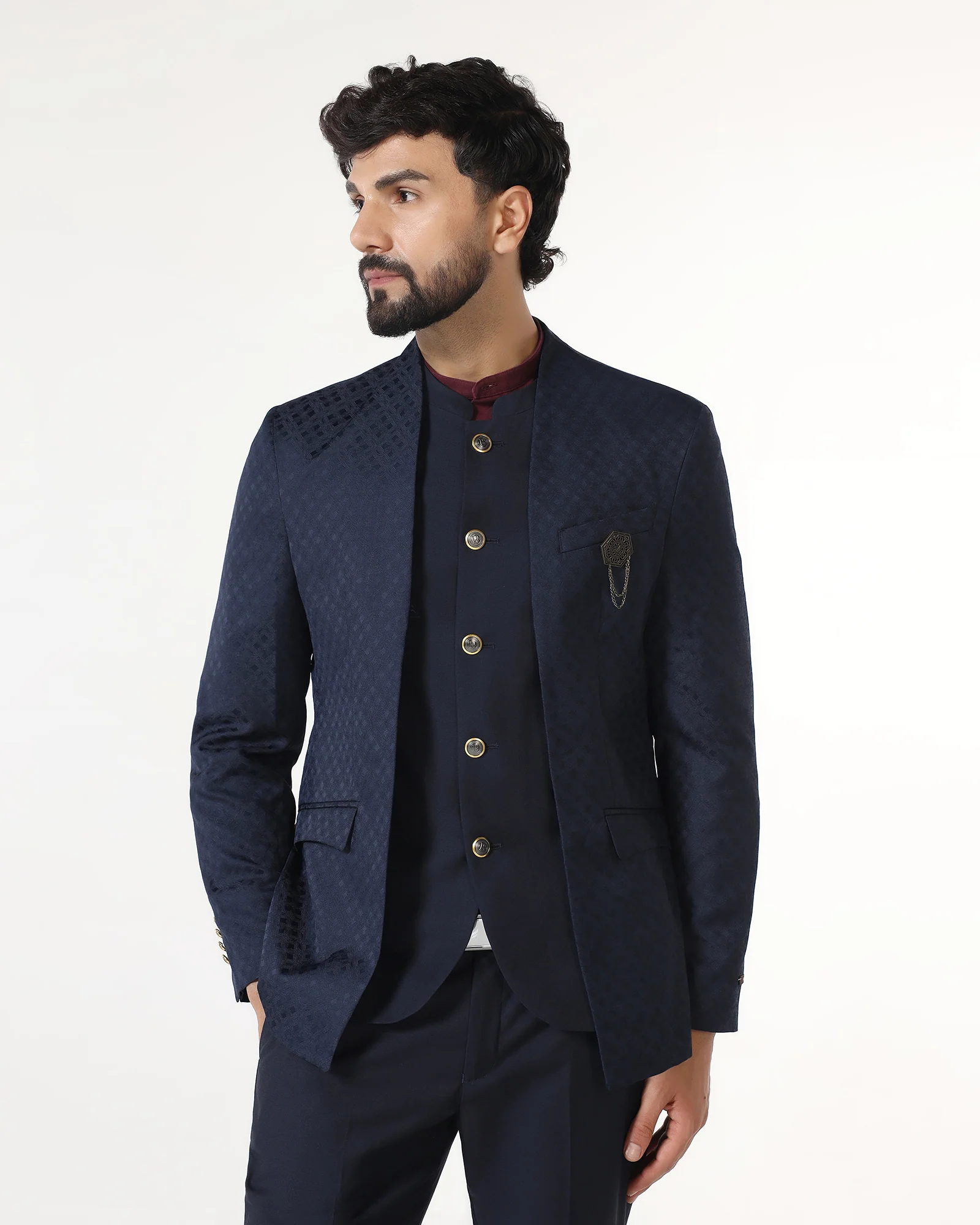 Two Piece Navy Jacquard Formal Suit - Palio - Image 5
