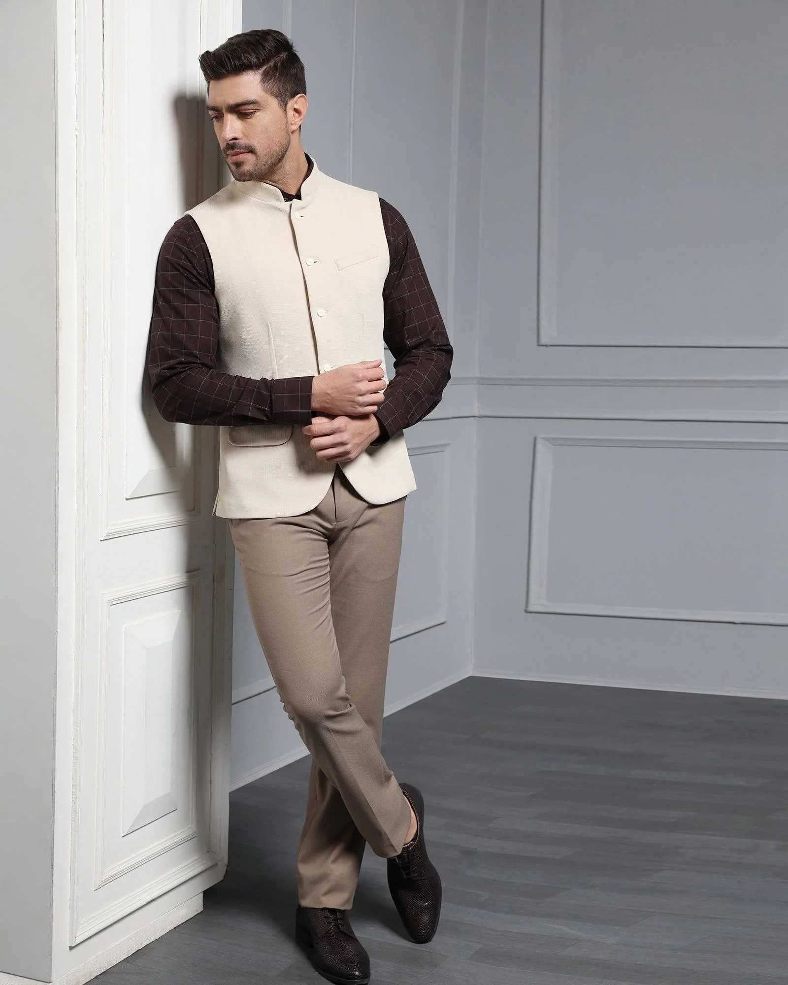 Bandhgala Formal Beige Textured Waistcoat - Cade - Image 6