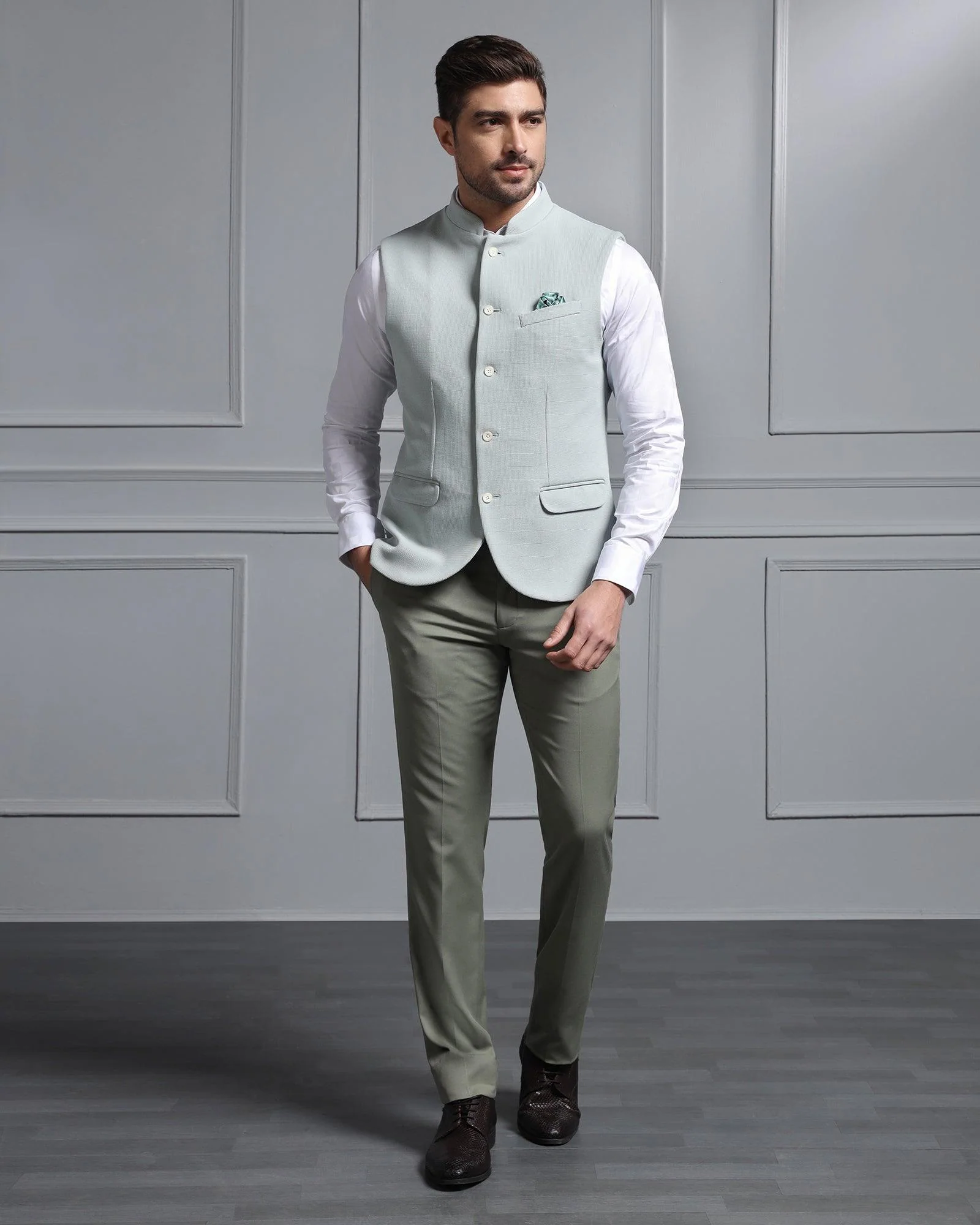 Bandhgala Formal Mint Textured Waistcoat - Cade - Image 3