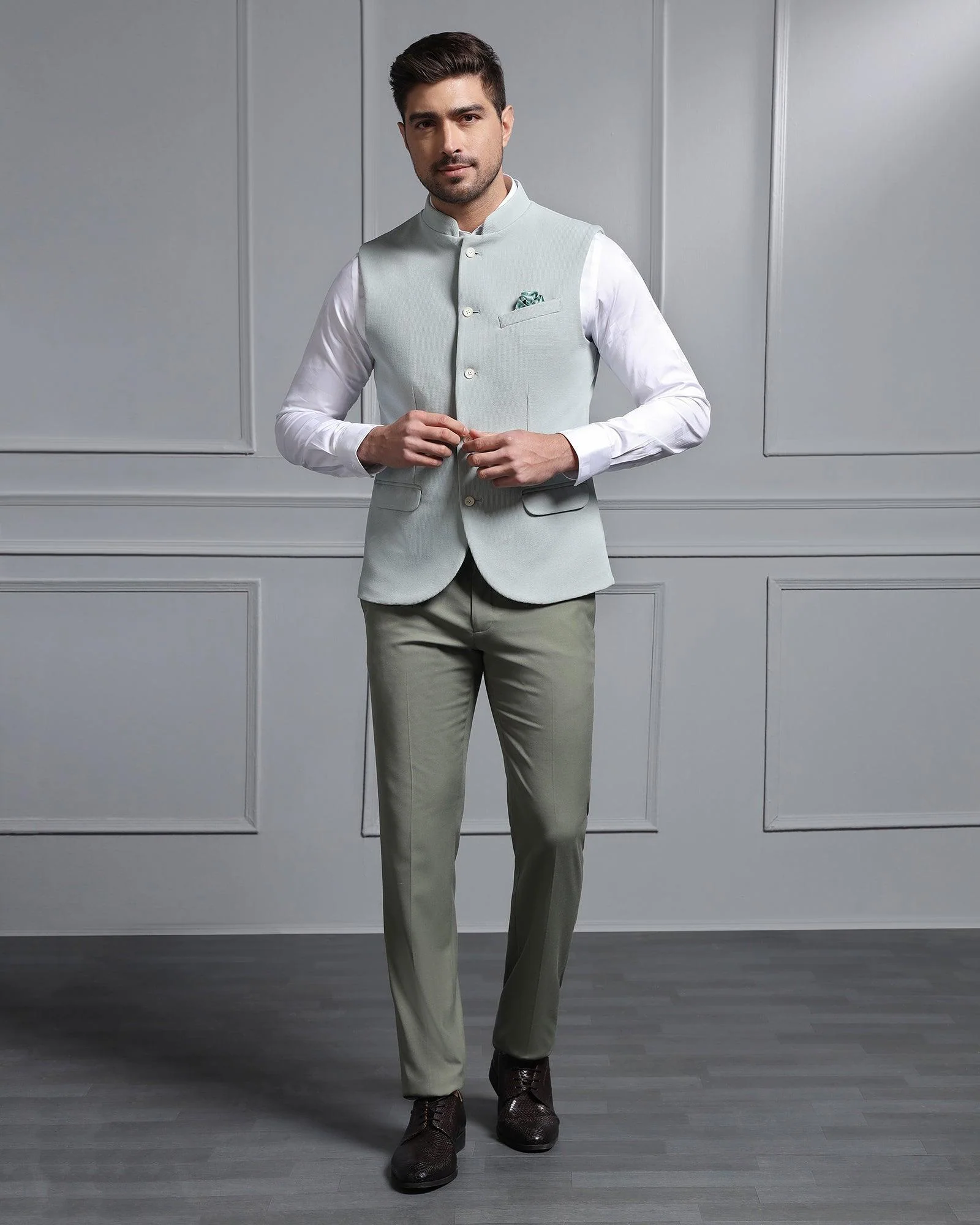 Bandhgala Formal Mint Textured Waistcoat - Cade - Image 5