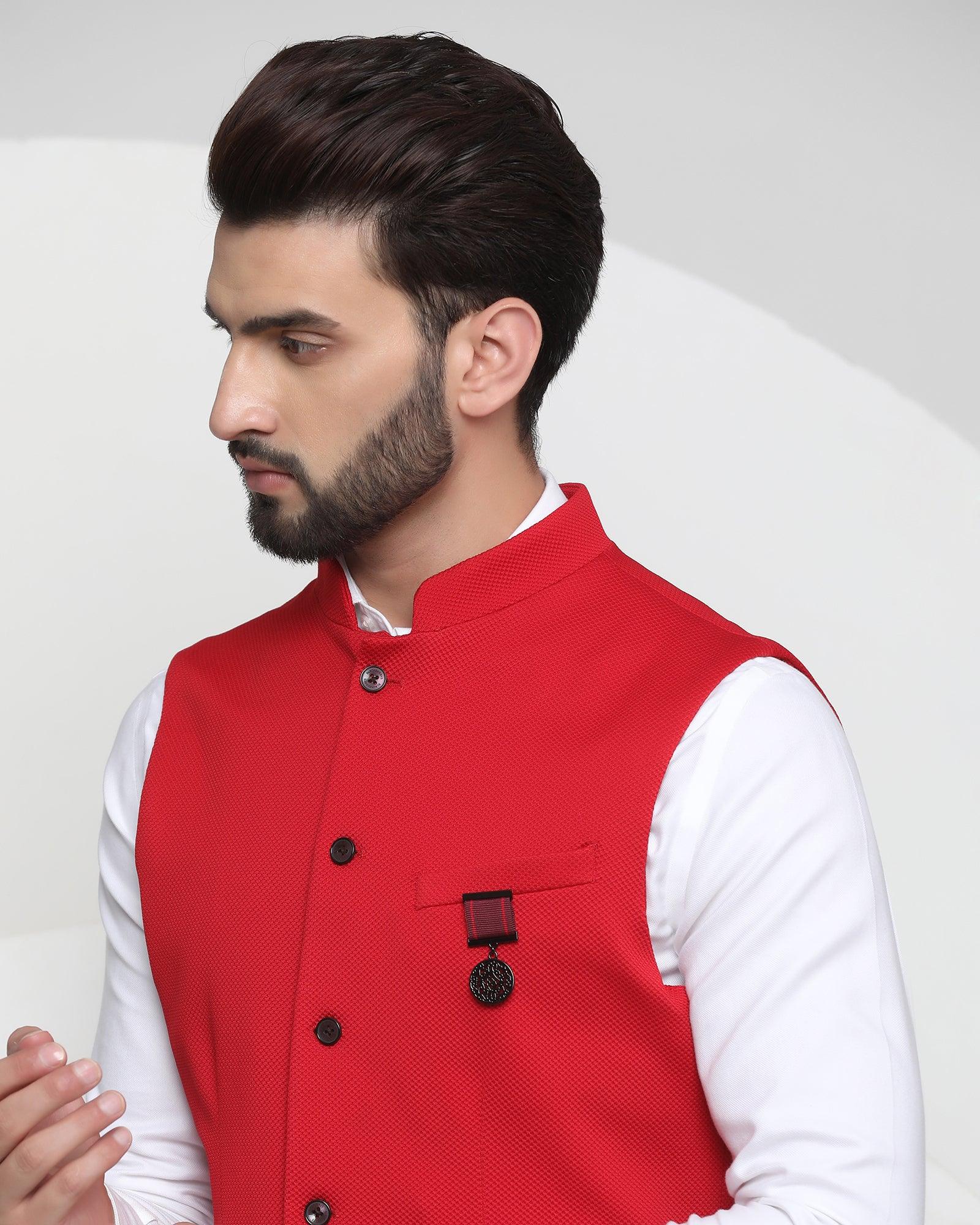Bandhgala Formal Red Textured Waistcoat - Vann - Image 4
