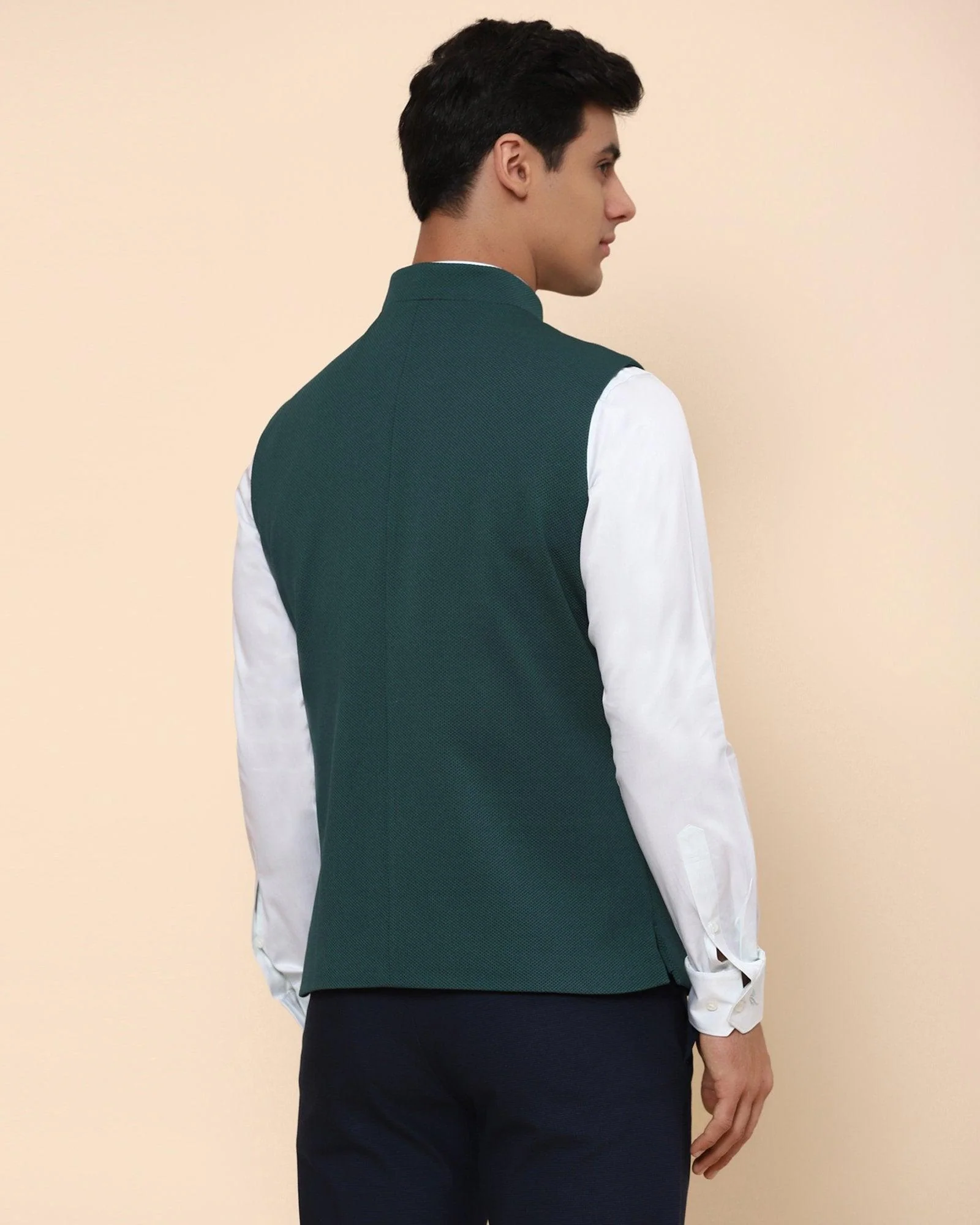 Bandhgala Formal Dark Green Textured Waistcoat - Vann - Image 2