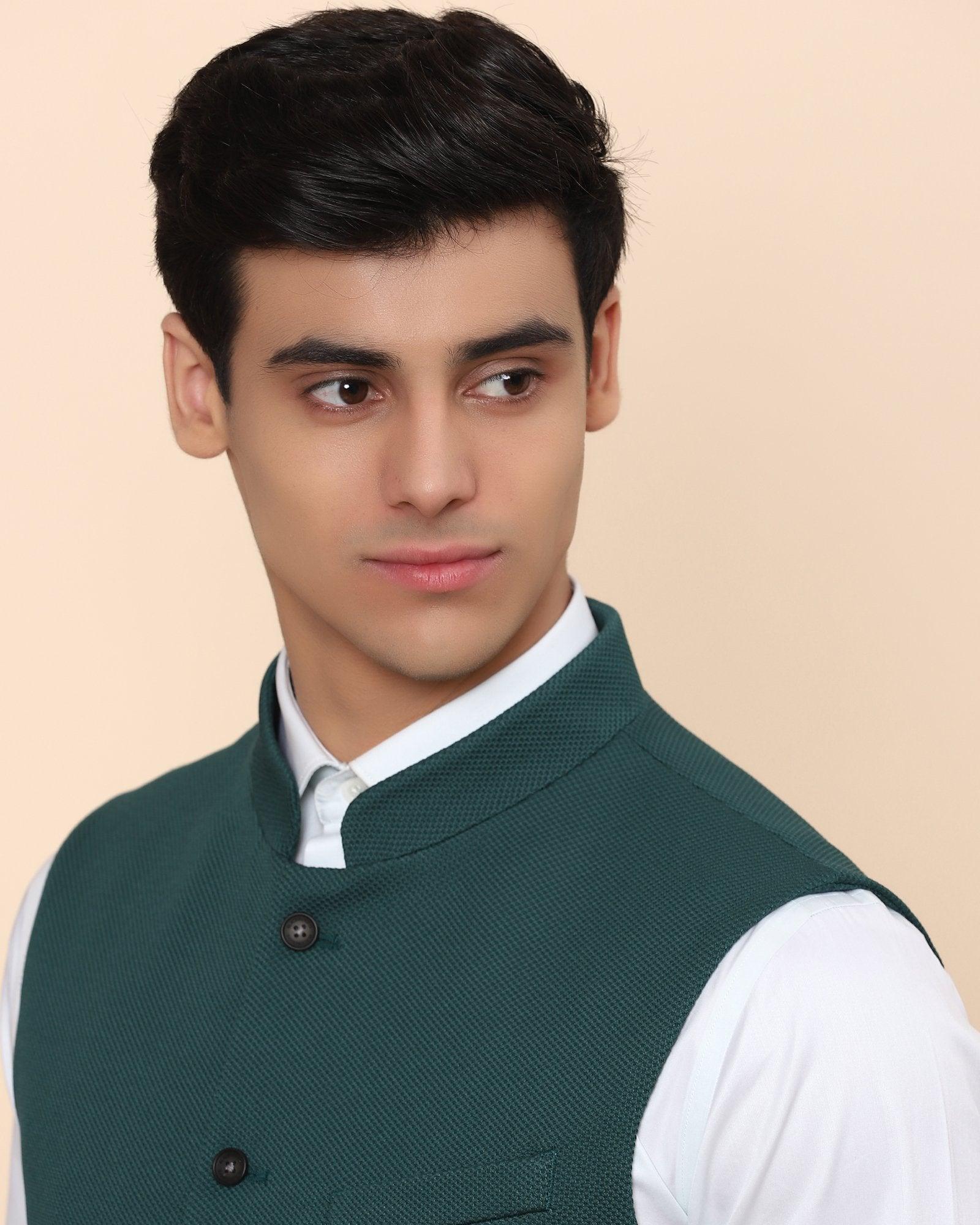 Bandhgala Formal Dark Green Textured Waistcoat - Vann - Image 3