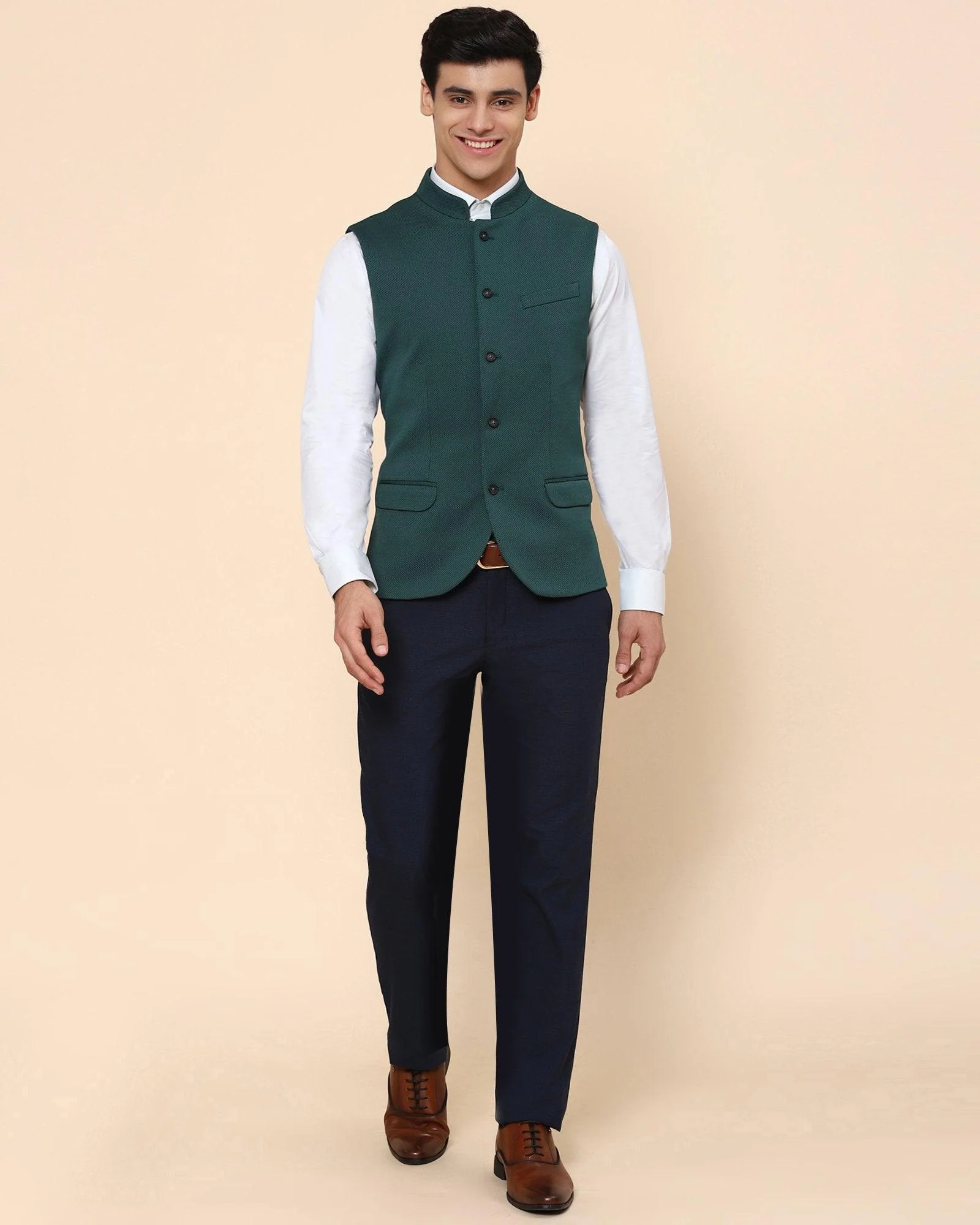 Bandhgala Formal Dark Green Textured Waistcoat - Vann - Image 4