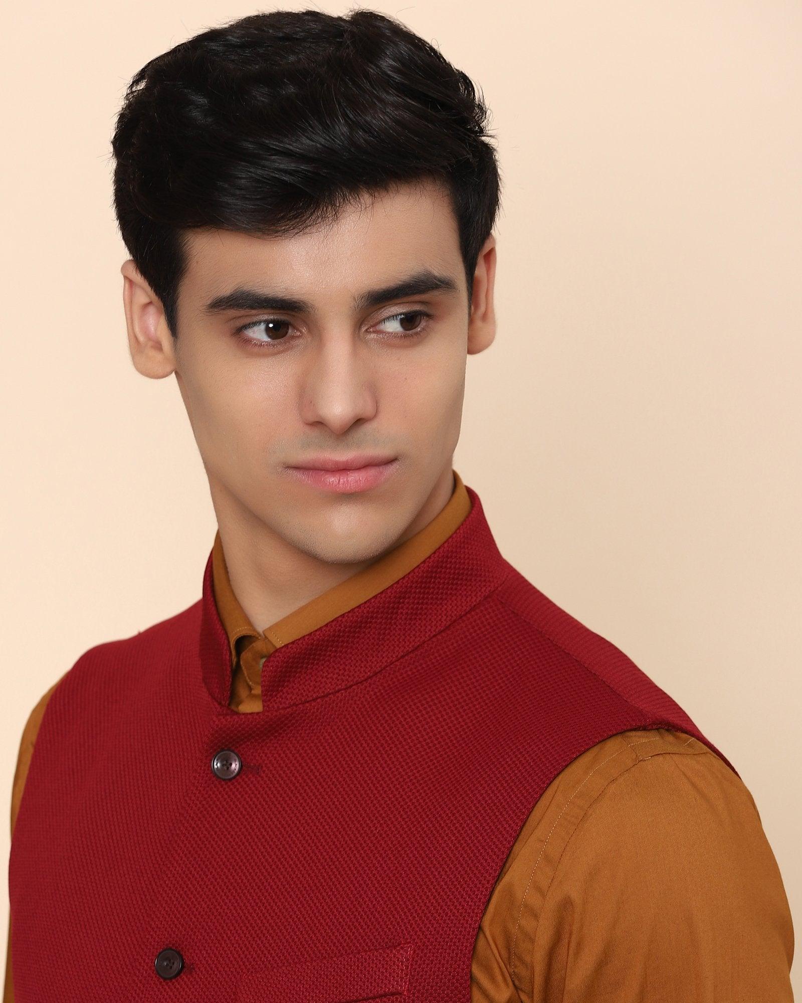 Bandhgala Formal Red Textured Waistcoat - Vann - Image 3