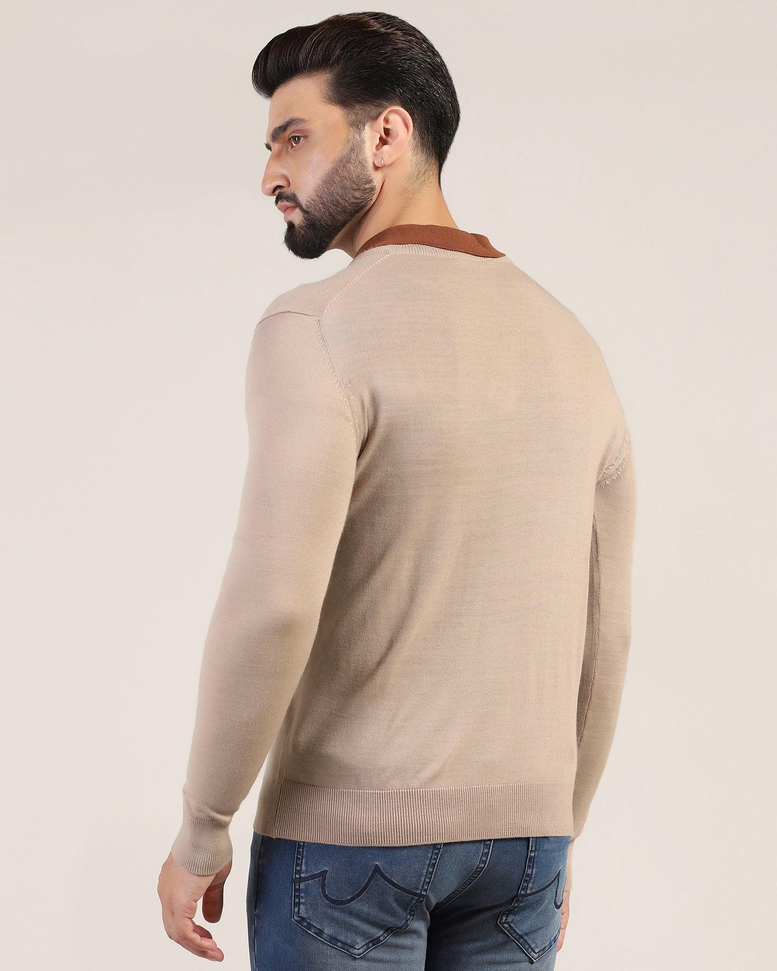 V-Neck Beige Solid Sweater - Ken - Image 2