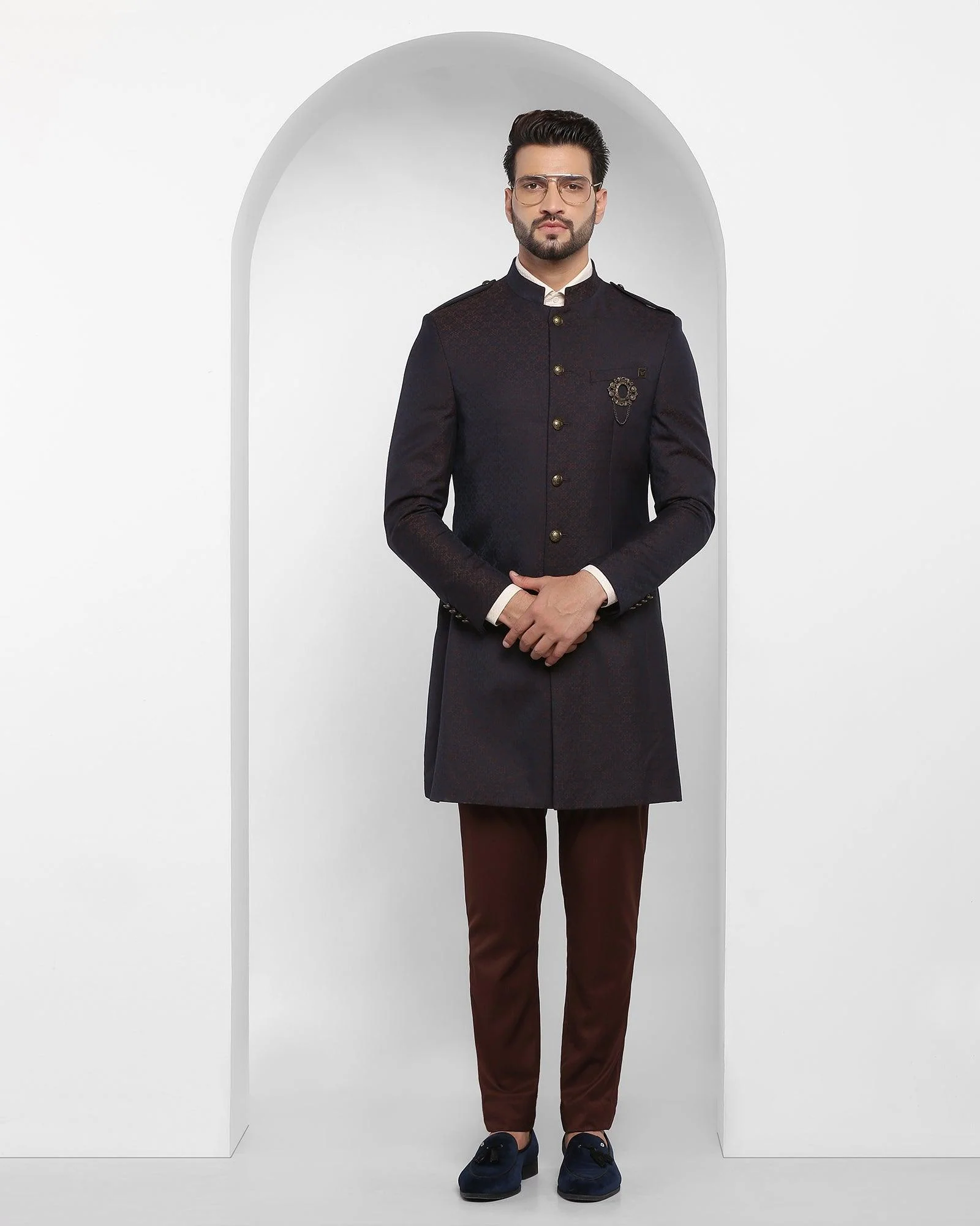 Brown Swarn Printed Achkan Set - Waller