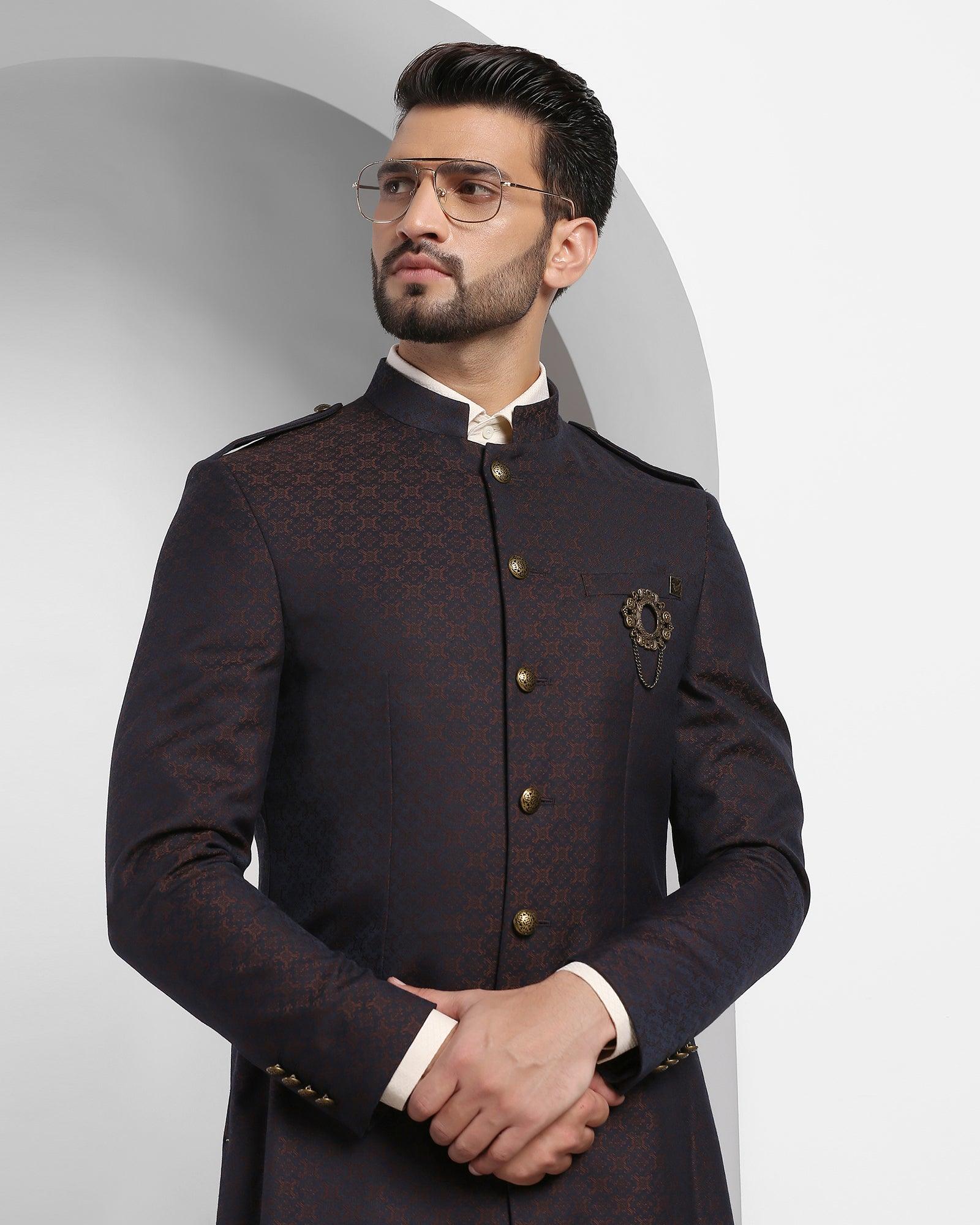 Brown Swarn Printed Achkan Set - Waller - Image 6