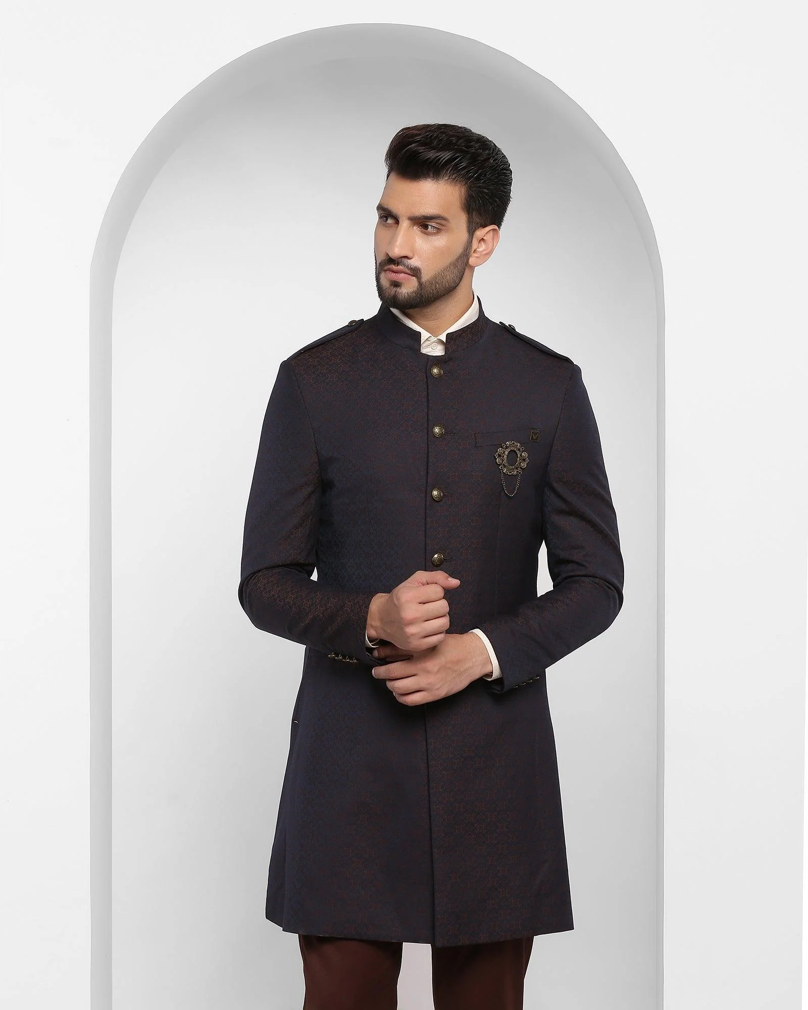 Brown Swarn Printed Achkan Set - Waller - Image 8