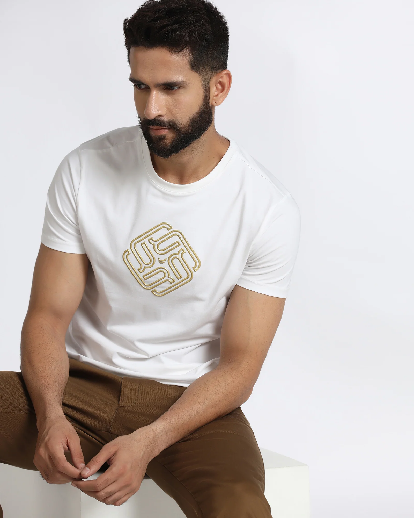 White Crew Neck Textured T-Shirt - Crown