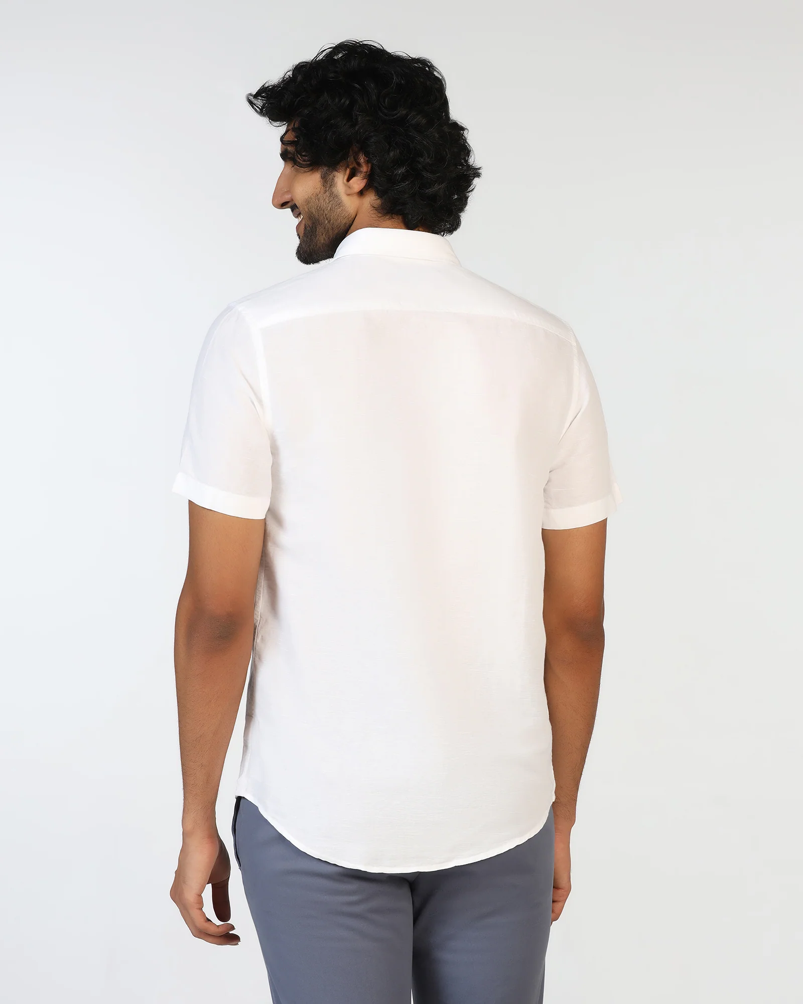 White Half Sleeve Linen Solid Shirt - Salmon - Image 2