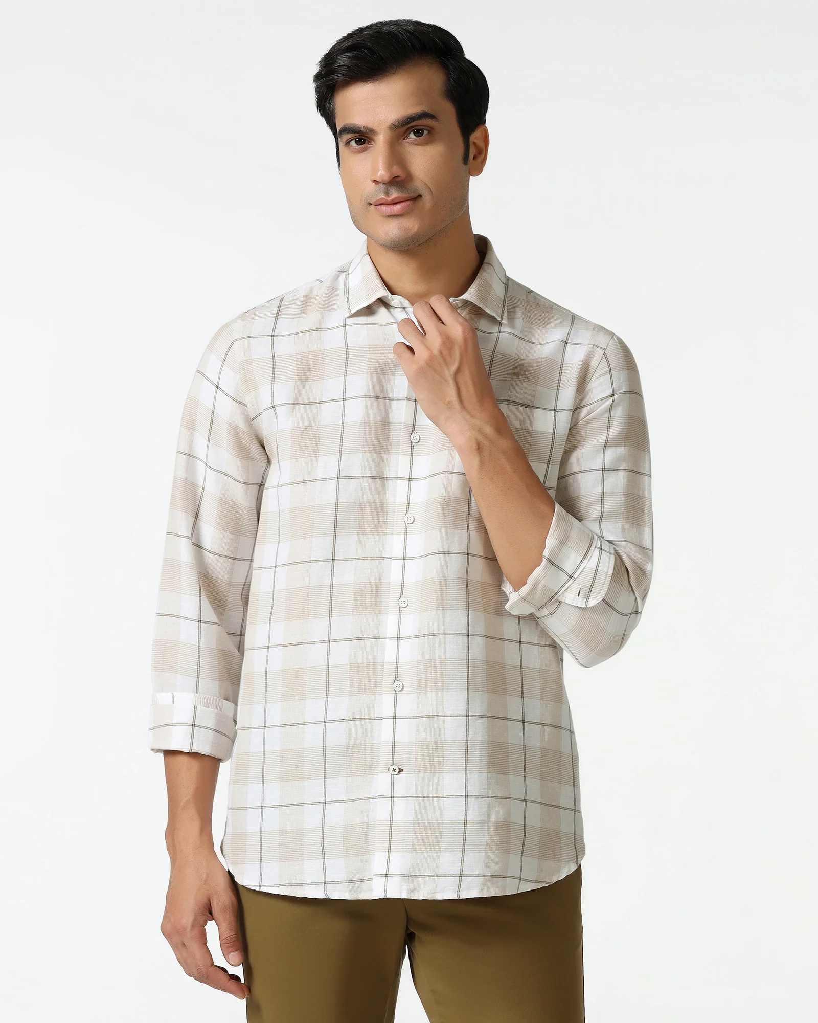 White Linen Check Shirt - Merik - Image 7