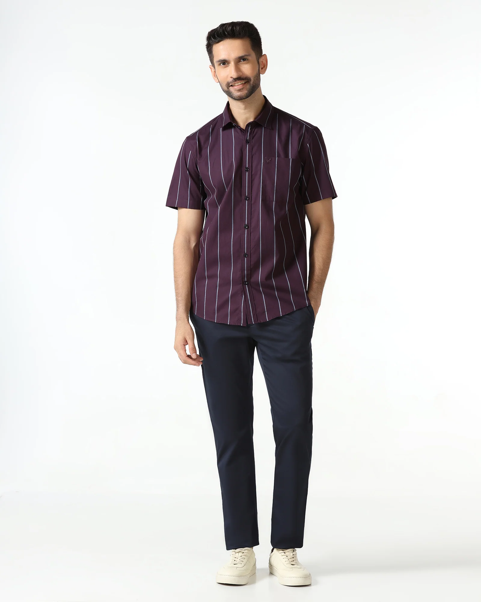 Wine Half Sleeve Stripe Shirt - Huon - Image 3