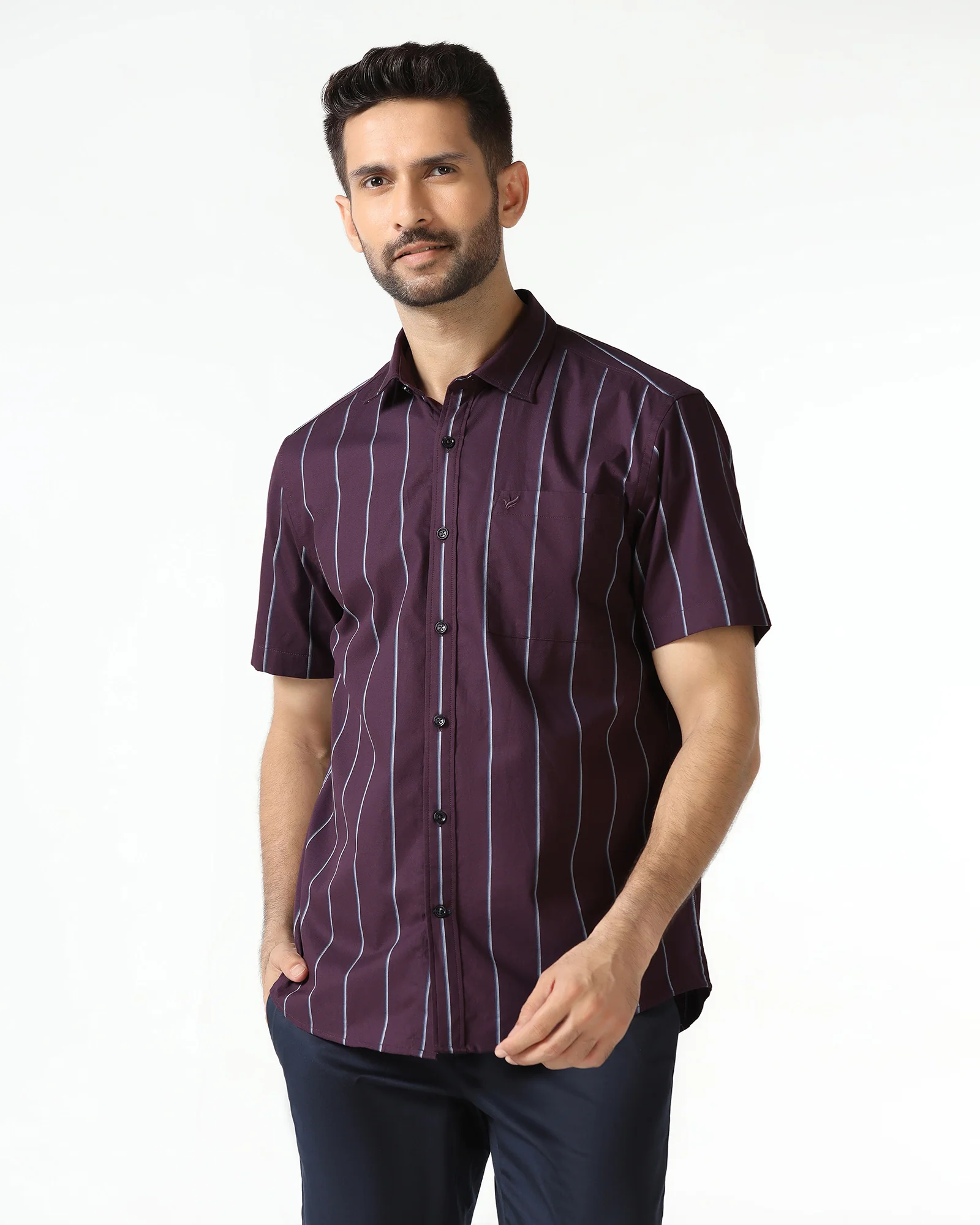 Wine Half Sleeve Stripe Shirt - Huon - Image 8