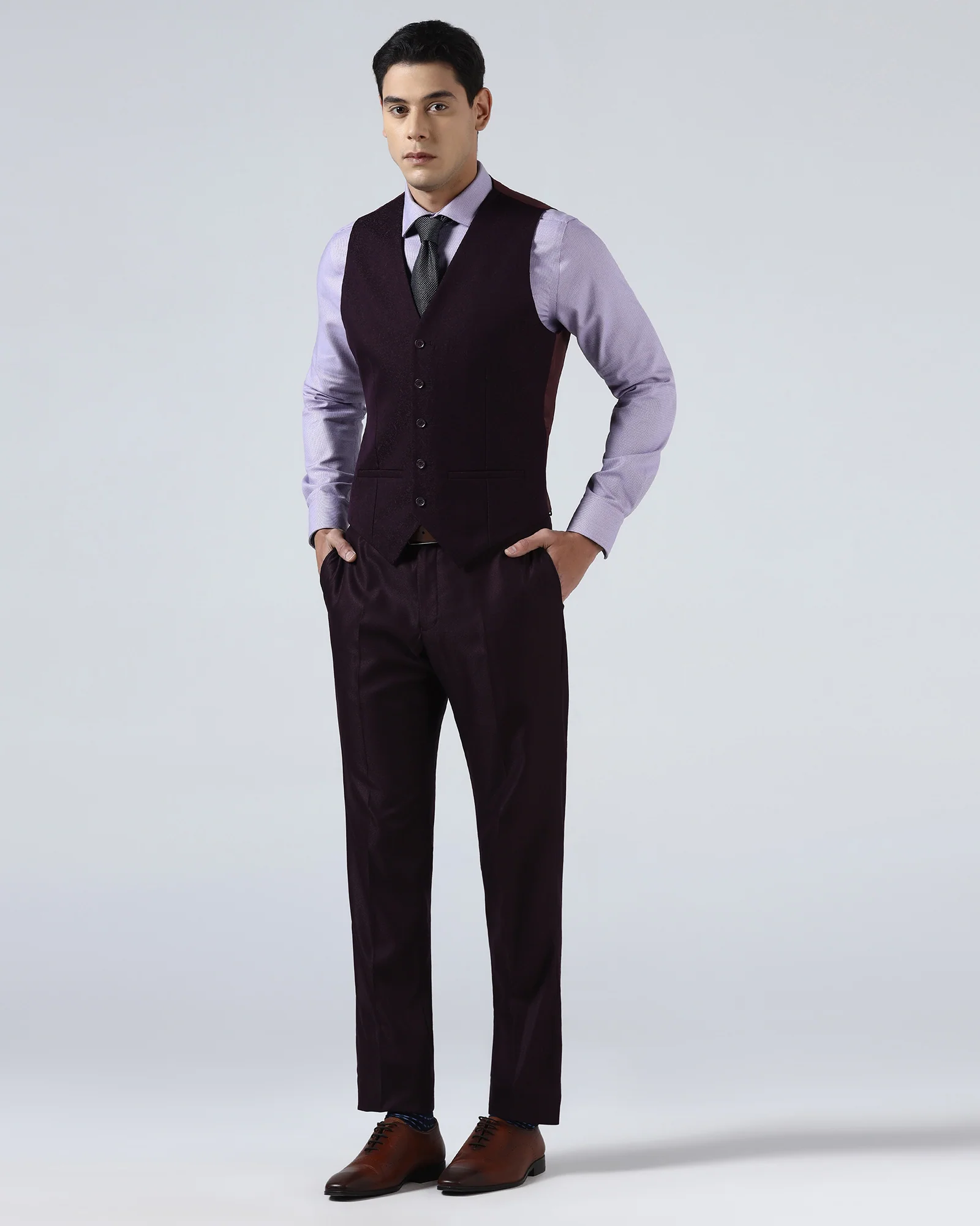 Wine Three Piece Textured Suit - Venmo - Image 5