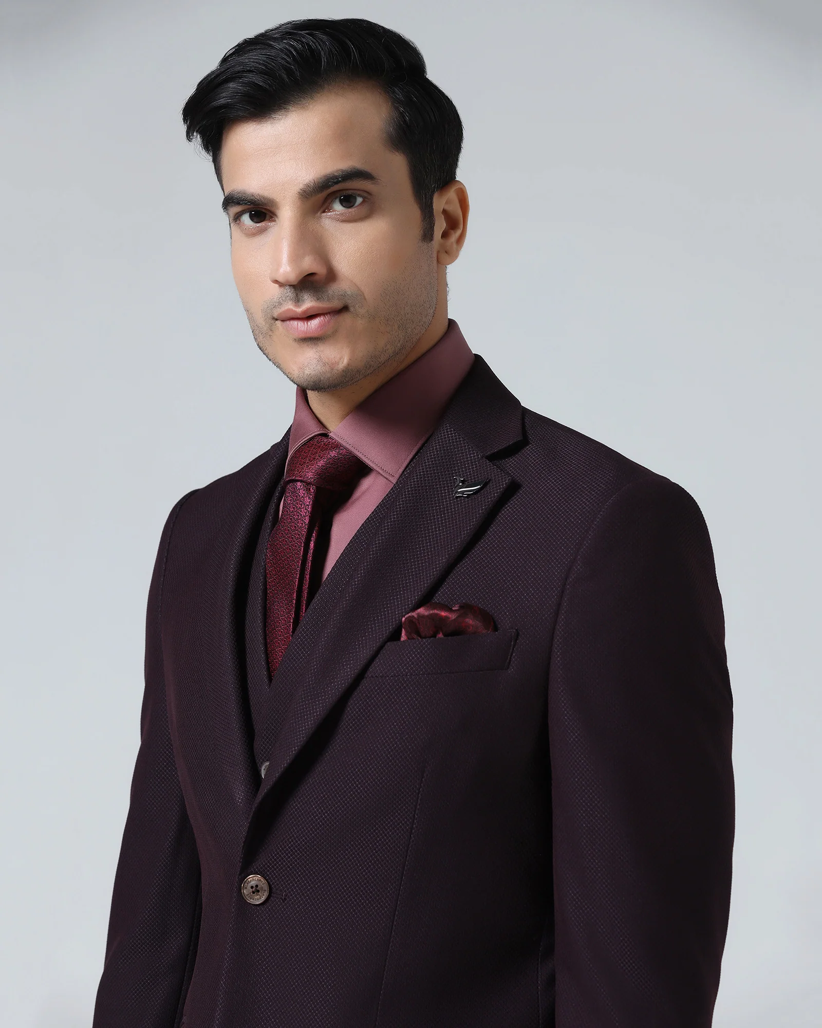 Wine Three Piece Textured Suit - Zeny - Image 4