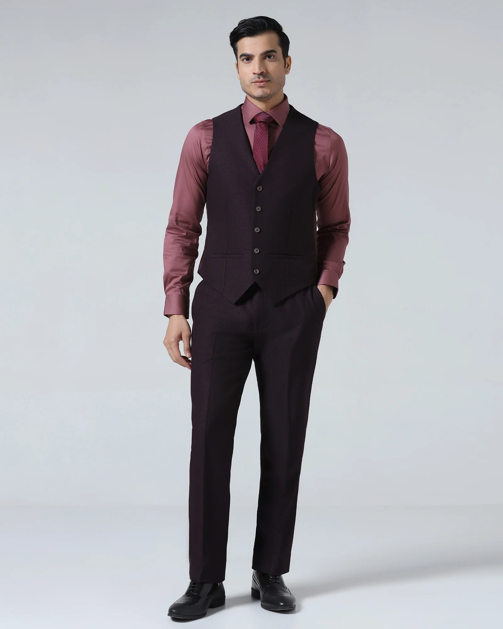 Wine Three Piece Textured Suit - Zeny - Image 5