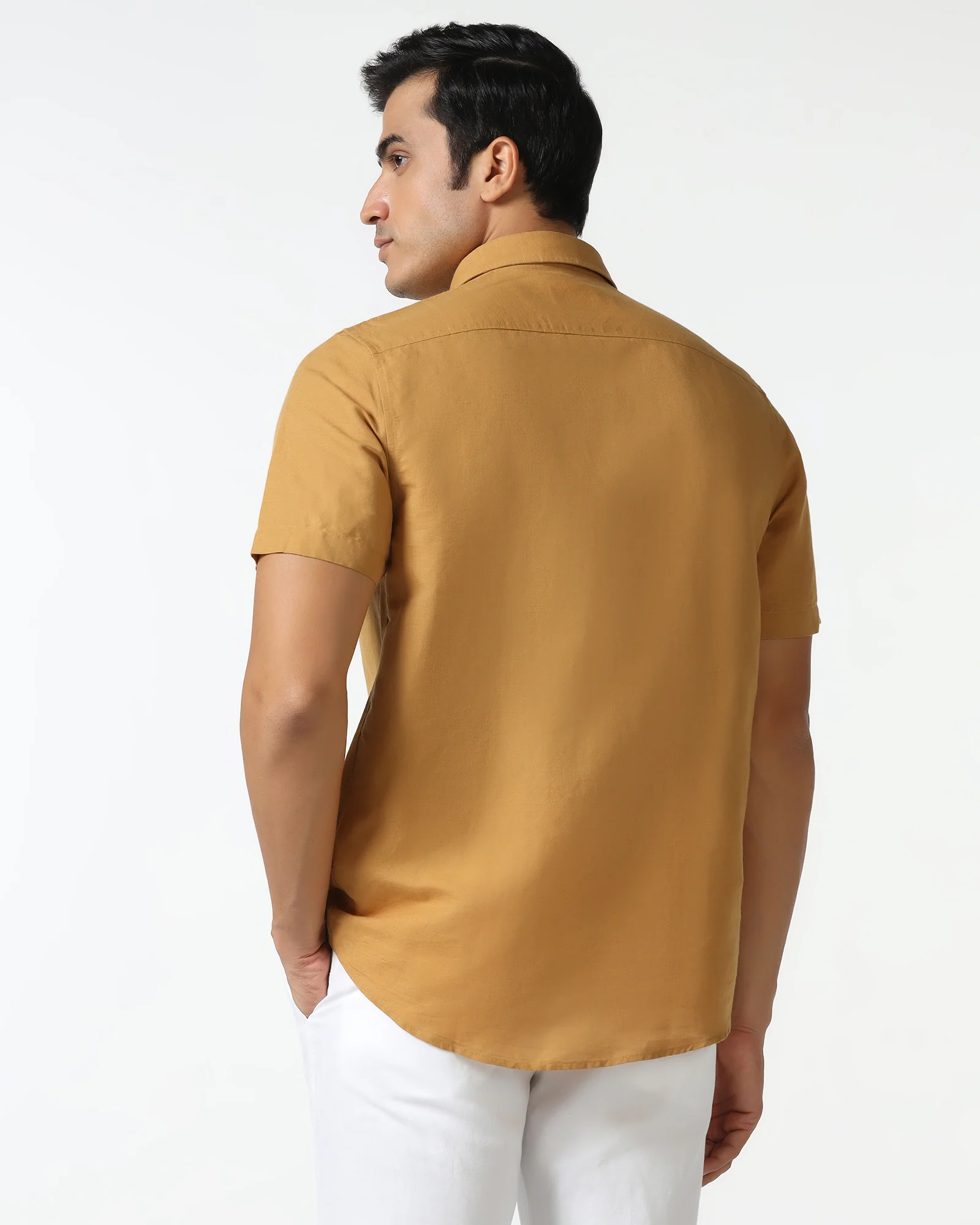Yellow Half Sleeve Linen Solid Shirt - Salmon - Image 2