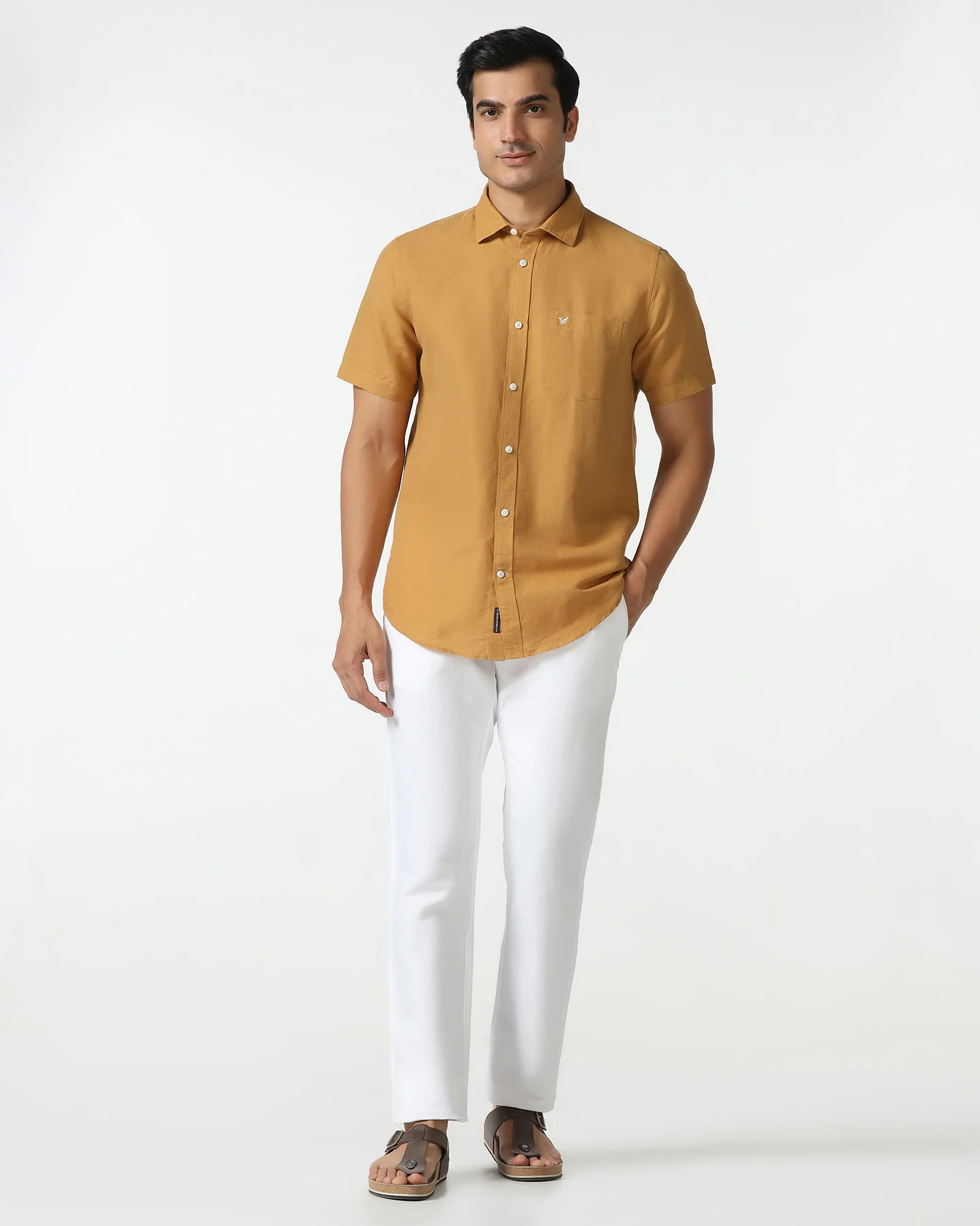 Yellow Half Sleeve Linen Solid Shirt - Salmon - Image 3