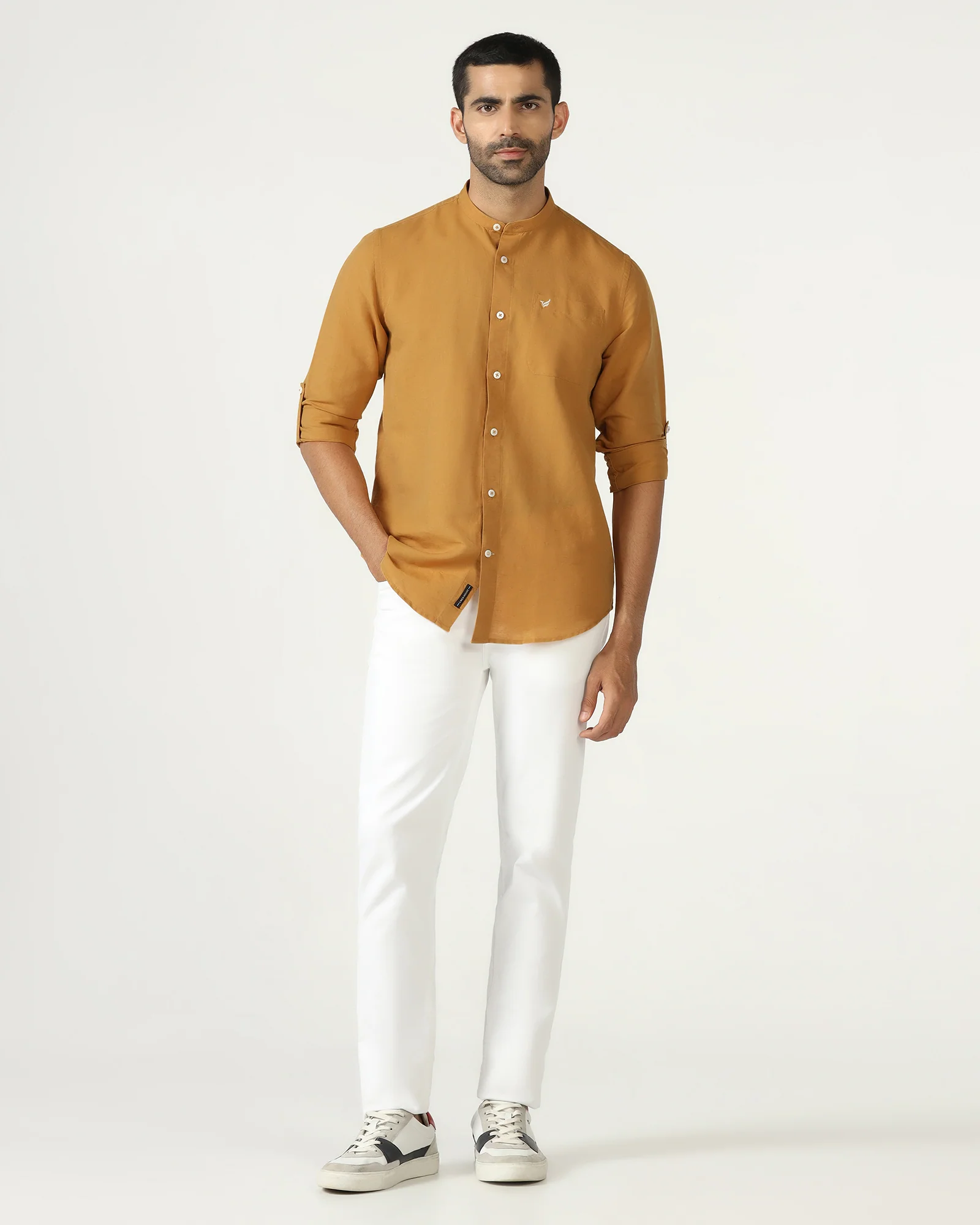 Yellow Linen Solid Shirt - Salmon - Image 3