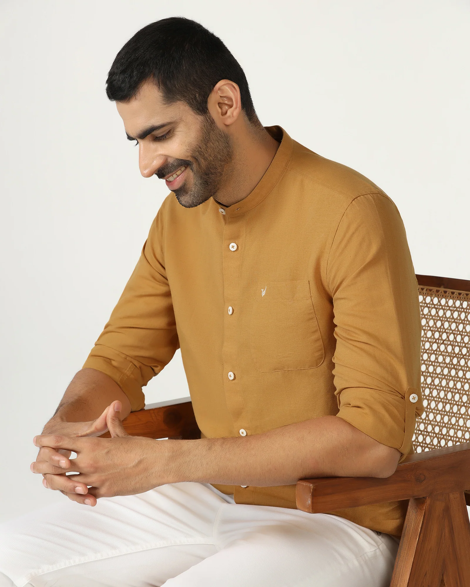 Yellow Linen Solid Shirt - Salmon - Image 7